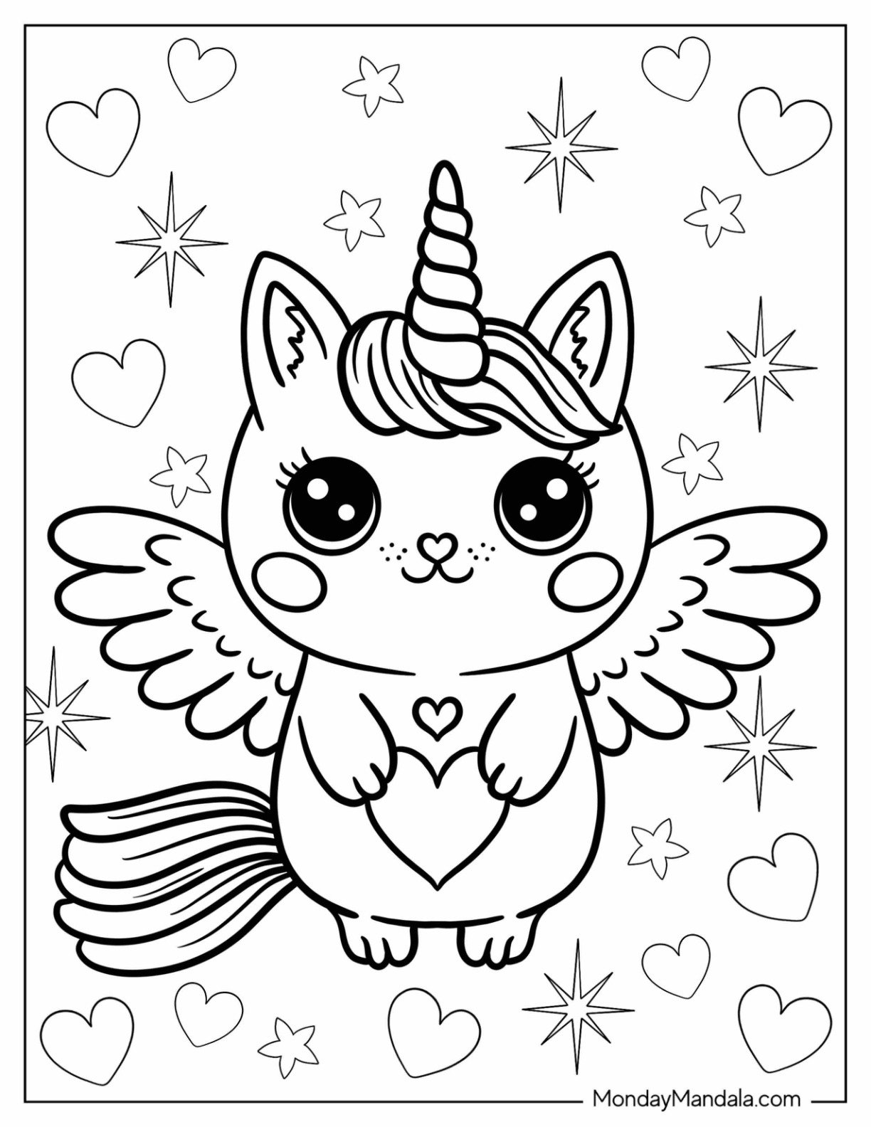 Adorable Unicorn Coloring Page Cat With Tiny Wings For Kids