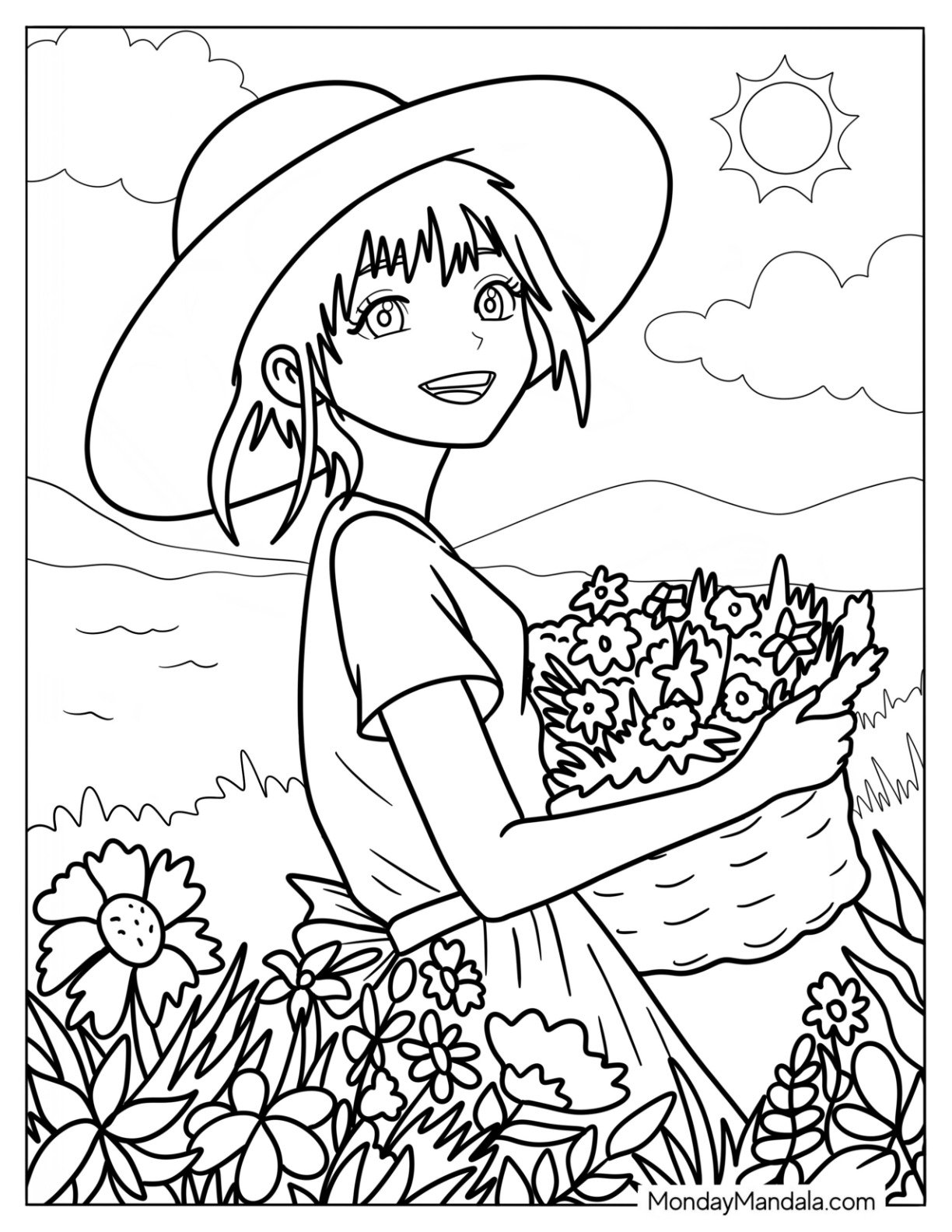 Anime Girl Gathering Flowers In The Summer Coloring Page For Kids