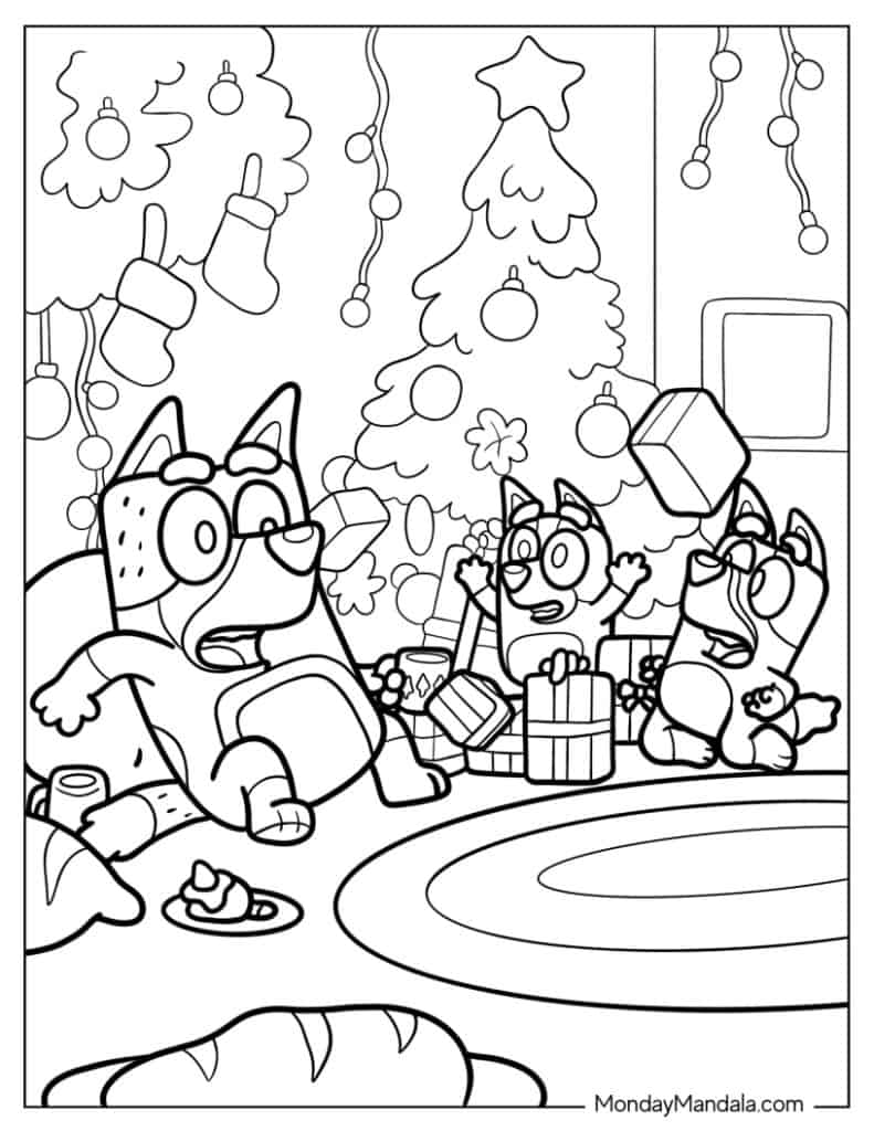 Bandit, Chilli, And Bluey Opening Christmas Presents Coloring Page
