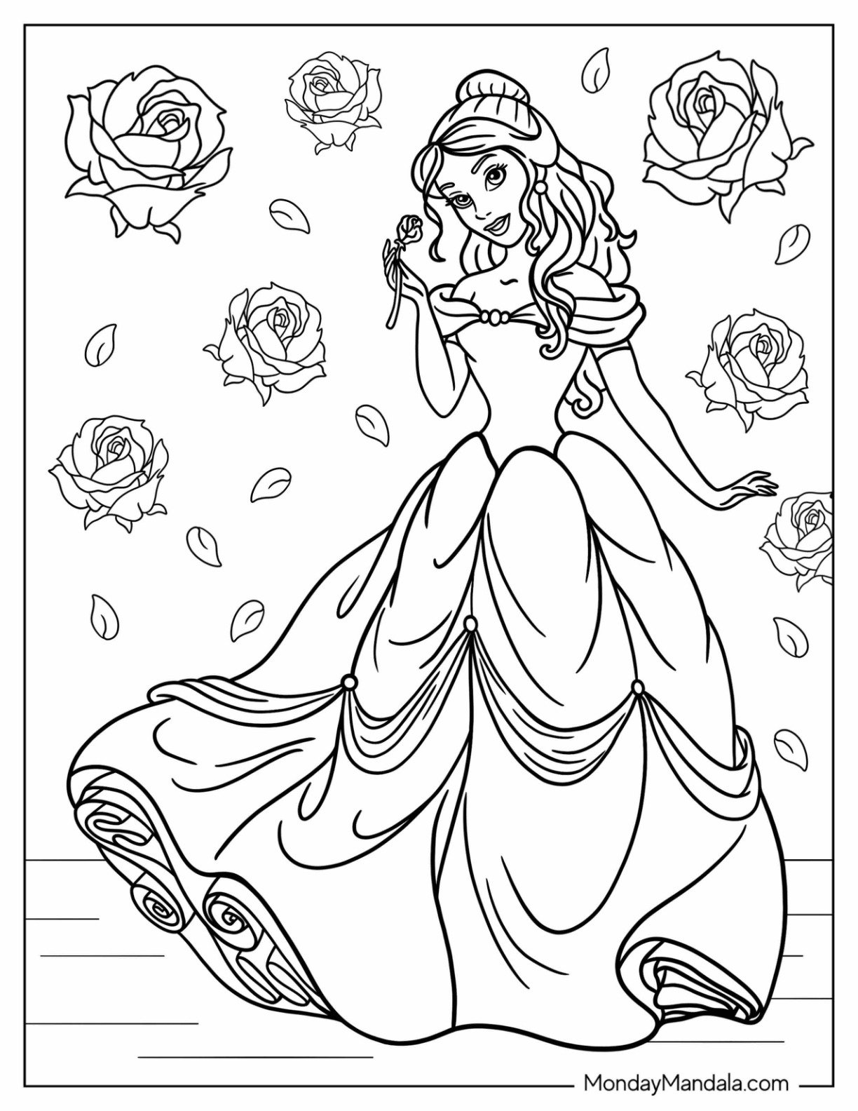 Disney Princess Coloring Page Of Belle Holding Rose