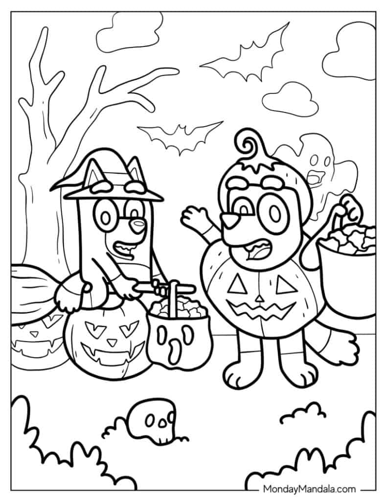 Bingo And Bluey Trick-Or-Treating On Halloween Coloring Sheet
