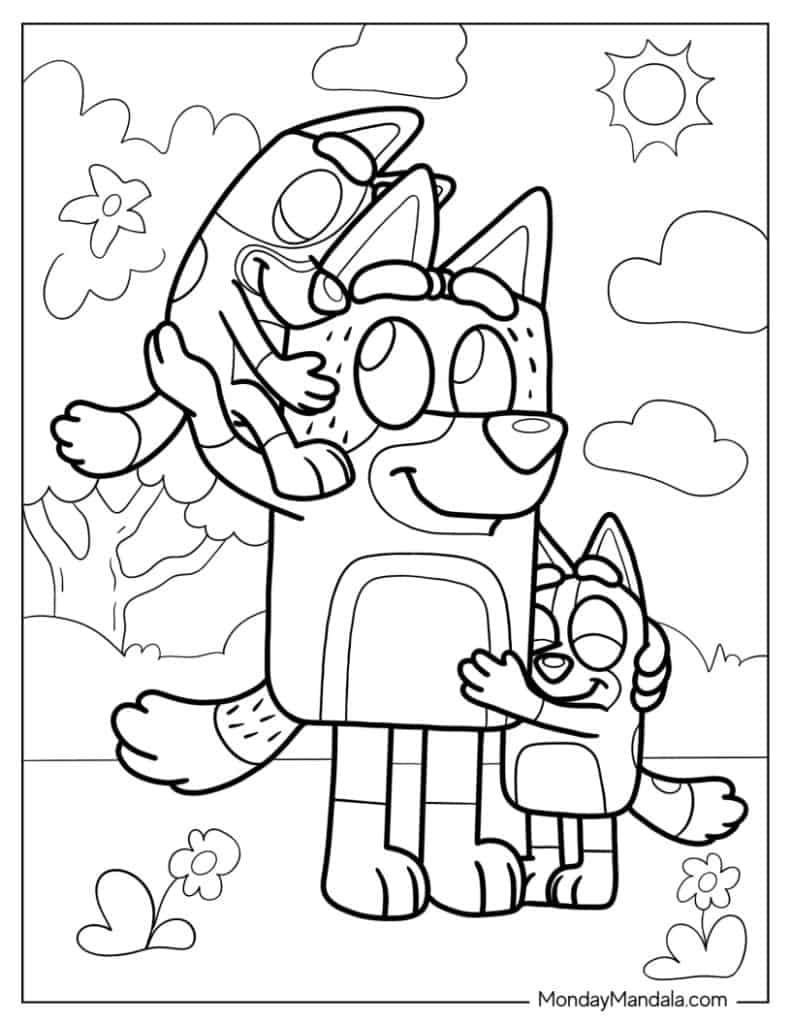 Bluey And Bingo Embracing Bandit Coloring Sheet