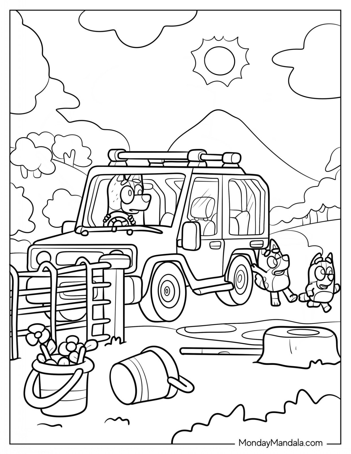 Bluey And Bingo Running From Bobo Coloring Sheet