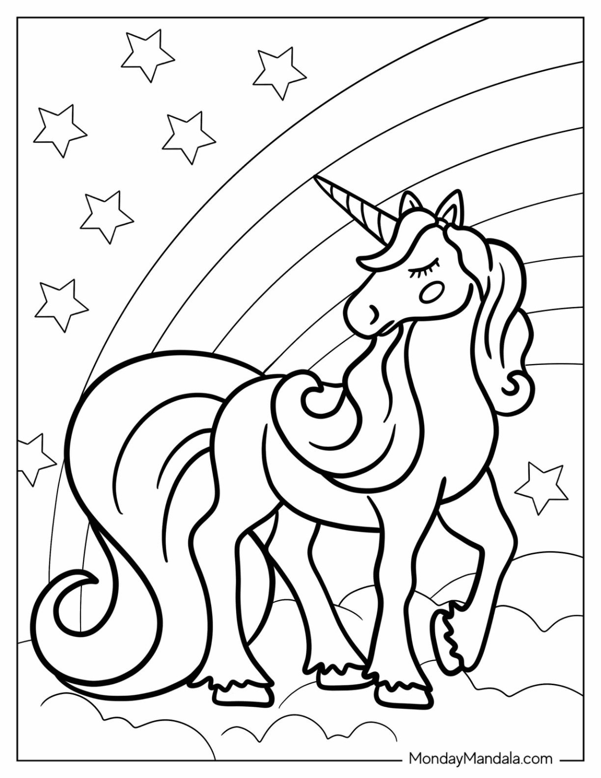 Calm Unicorn Coloring Page Standing Beside A Rainbow With Stars
