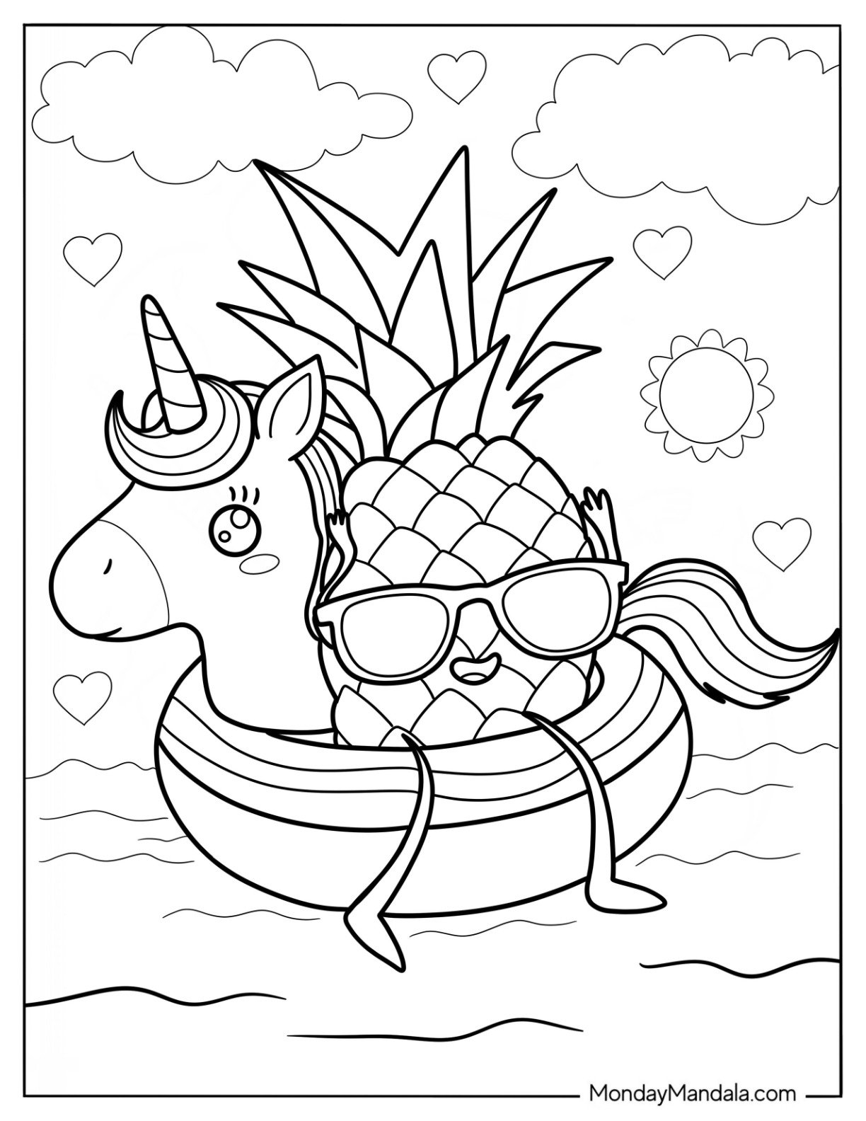 Summer Coloring Page Of Cheerful Pineapple On A Unicorn Floatie