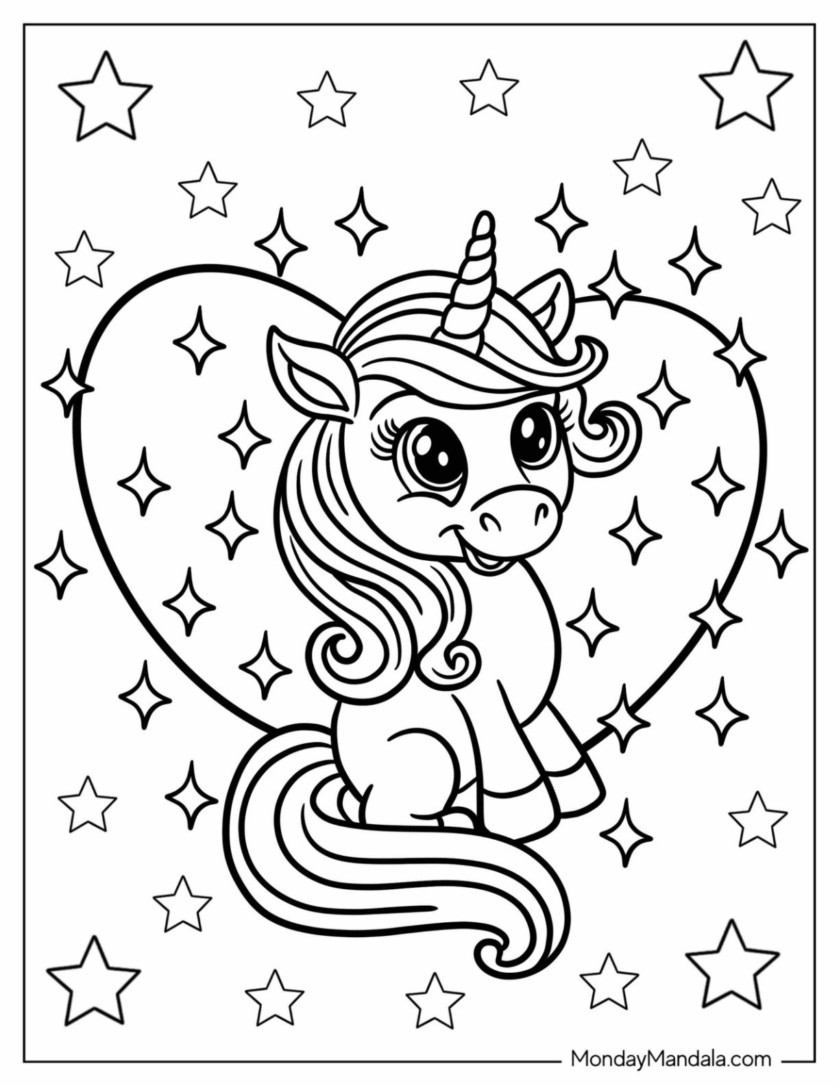 Chibi Smiling Unicorn Coloring Page In A Love Heart For Kids