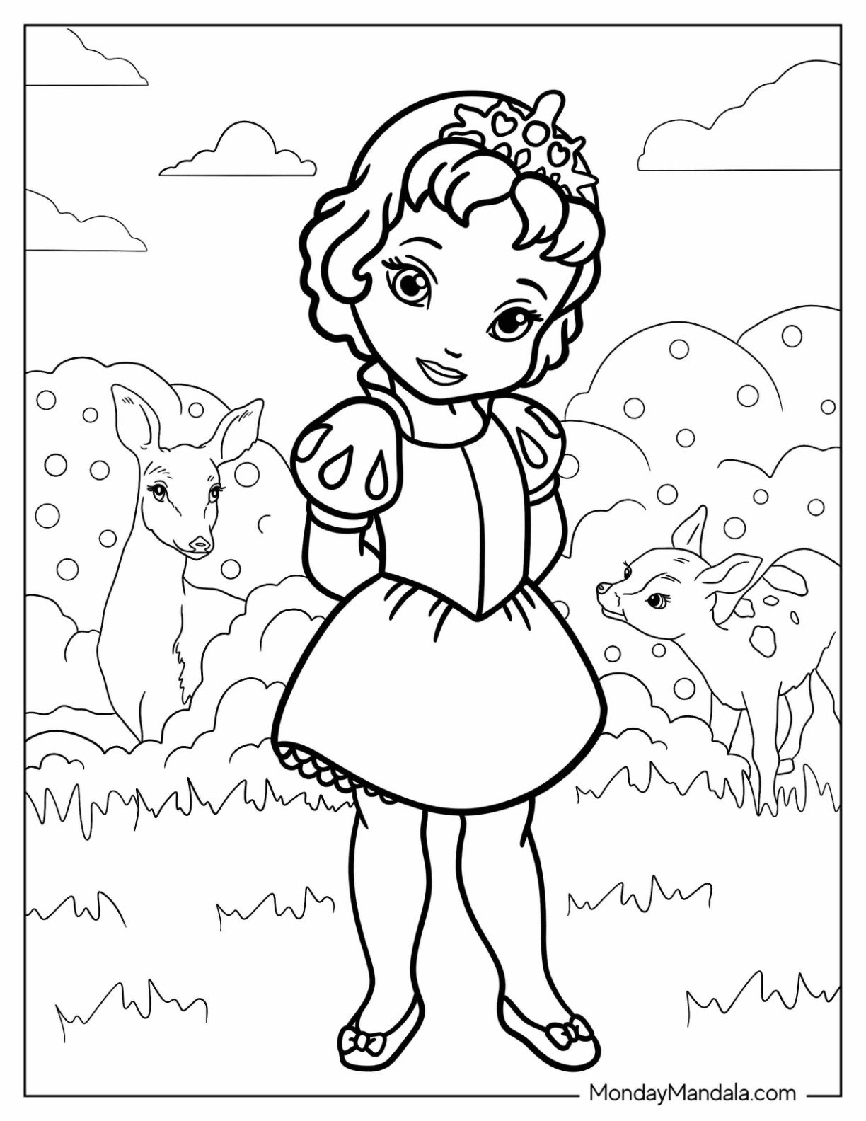 Disney Princess Coloring Page Of Chibi Snow White With Animal Friends