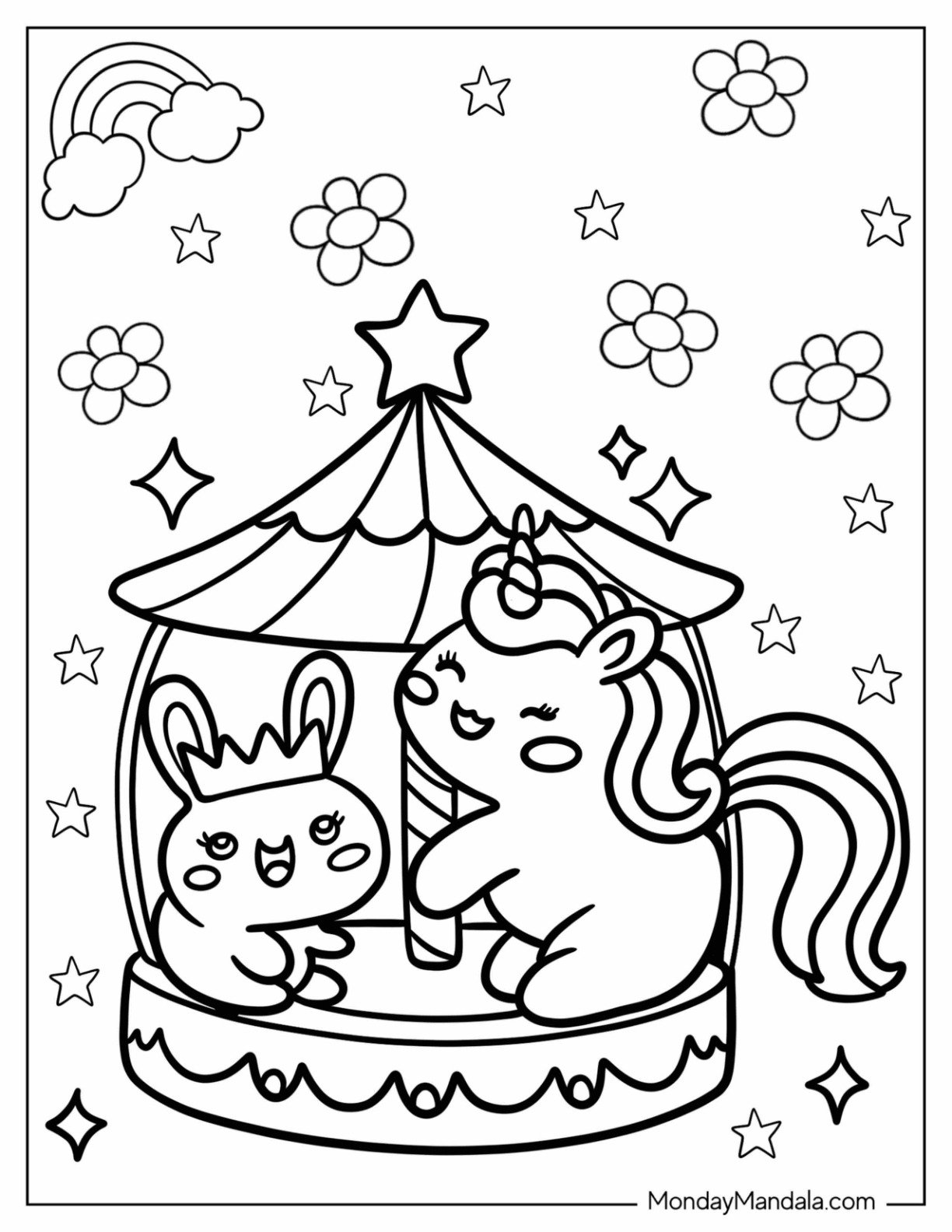 Chibi Unicorn Coloring Page And Rabbit In A Carousel For Kids