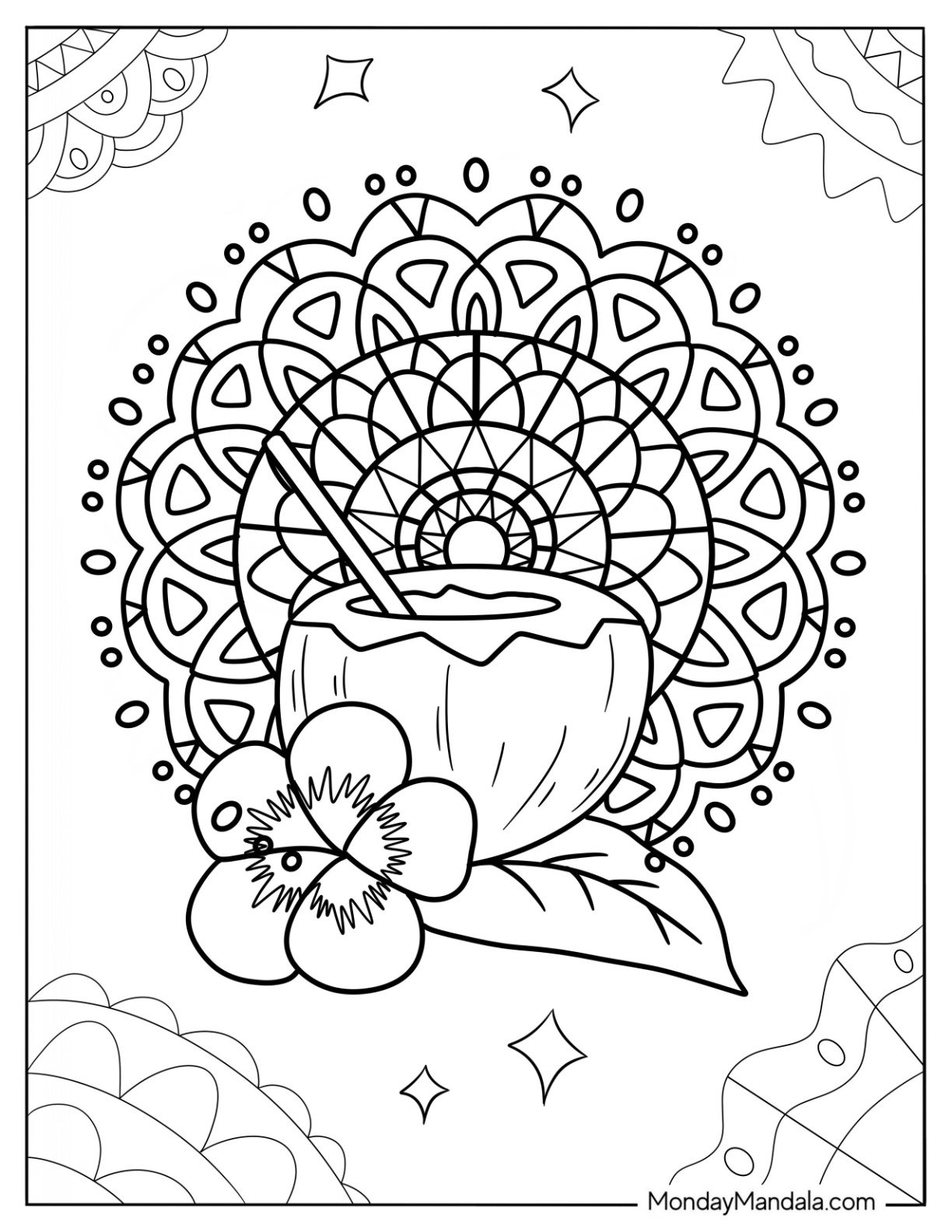 Summer Coloring Page Of Coconut Drink With Hibiscus Flower And Mandala