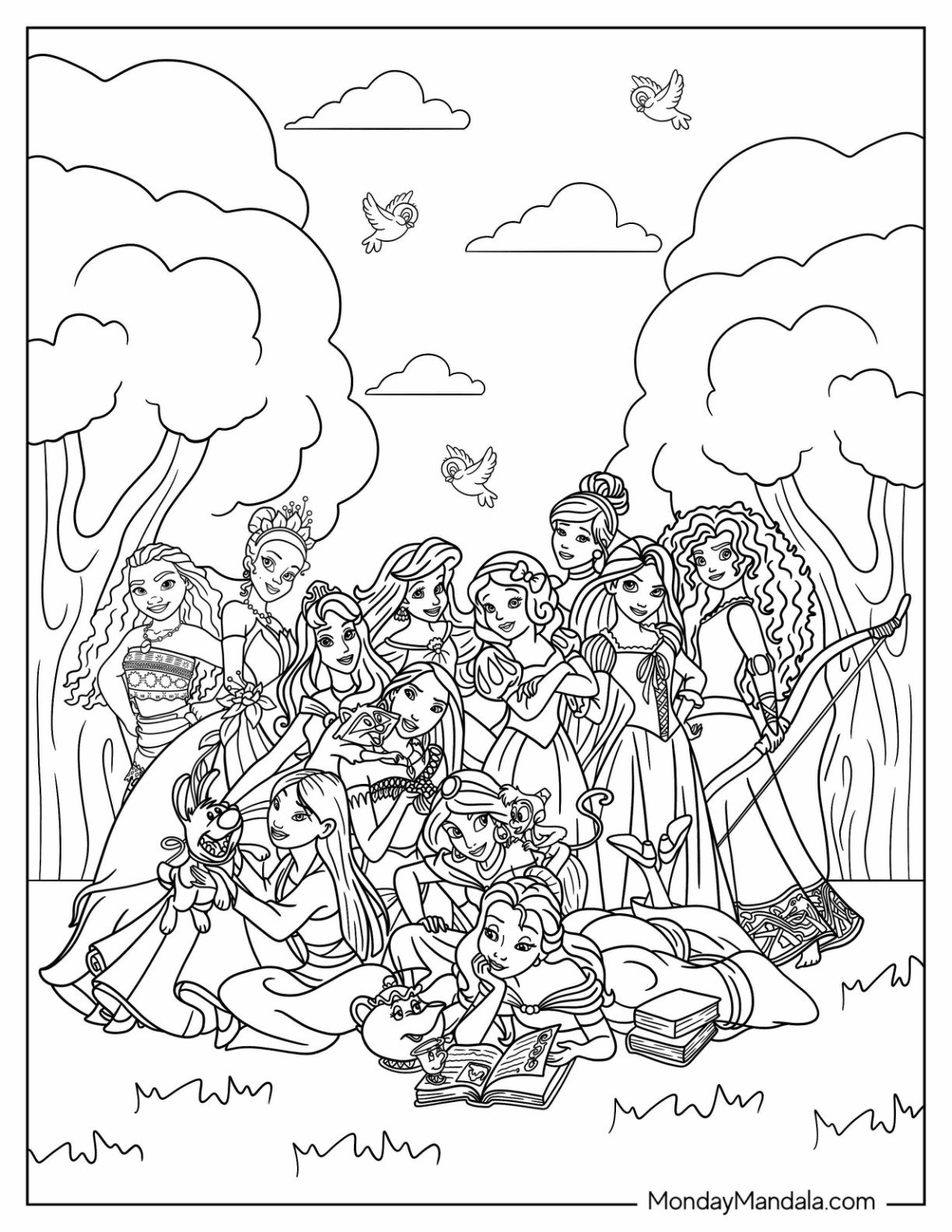 Disney Princess Coloring Page Of Moana, Aurora, Tiana, Ariel, Mulan, Pocahontas, Cinderella, Merida, Jasmine, And Snow White