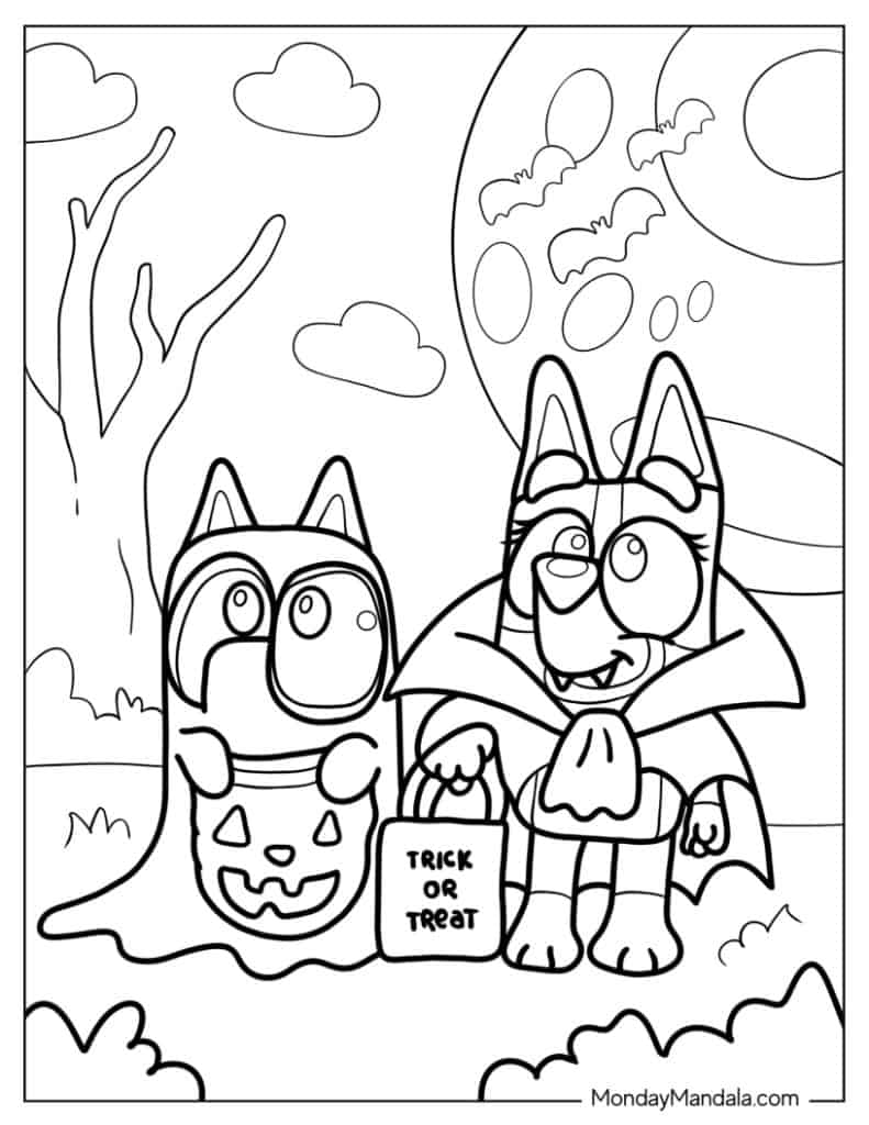 Coloring Page Of Bluey And Bingo In Halloween Costumes