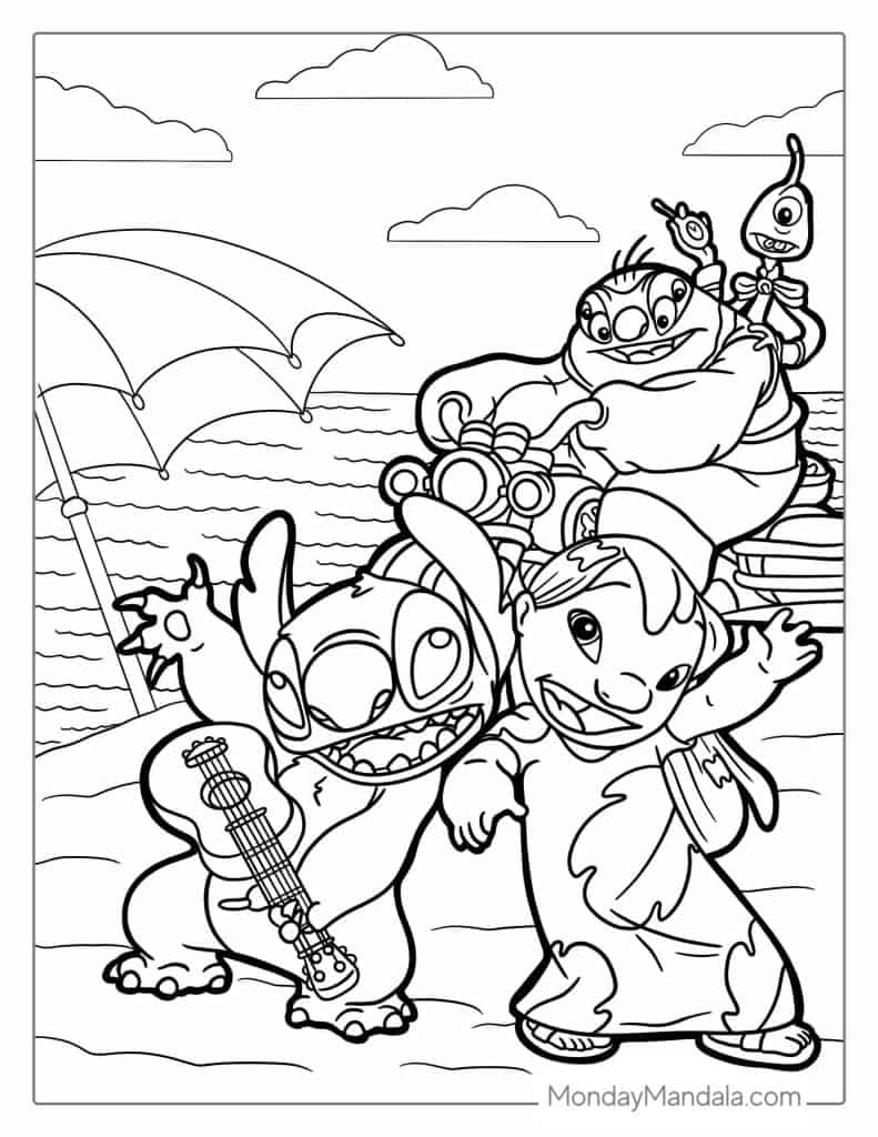 Coloring Page Of Lilo And Stitch On Beach With Jumba And Pleakley