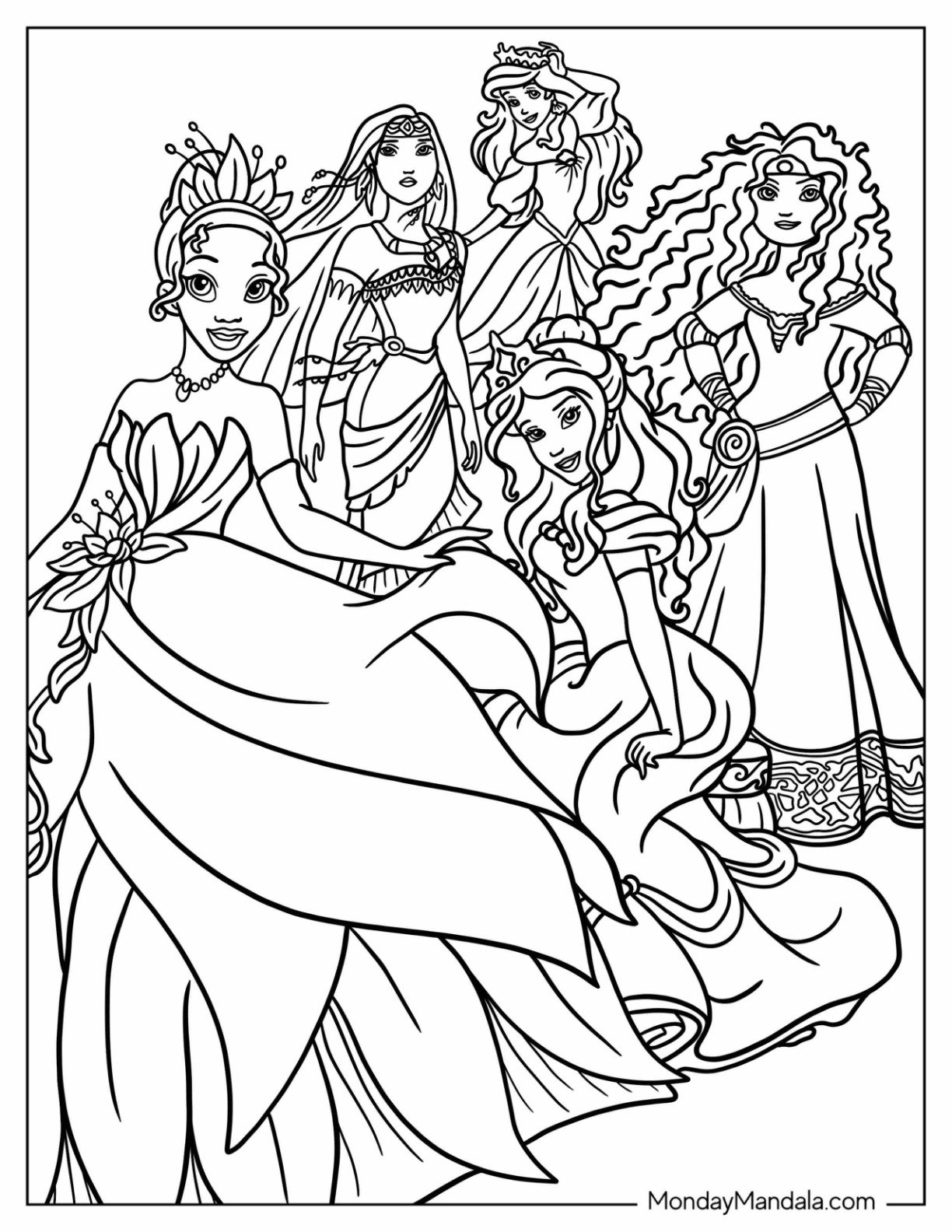 Disney Princess Coloring Page Of Ariel, Pocahontas, Tiana, Bell, And Merida