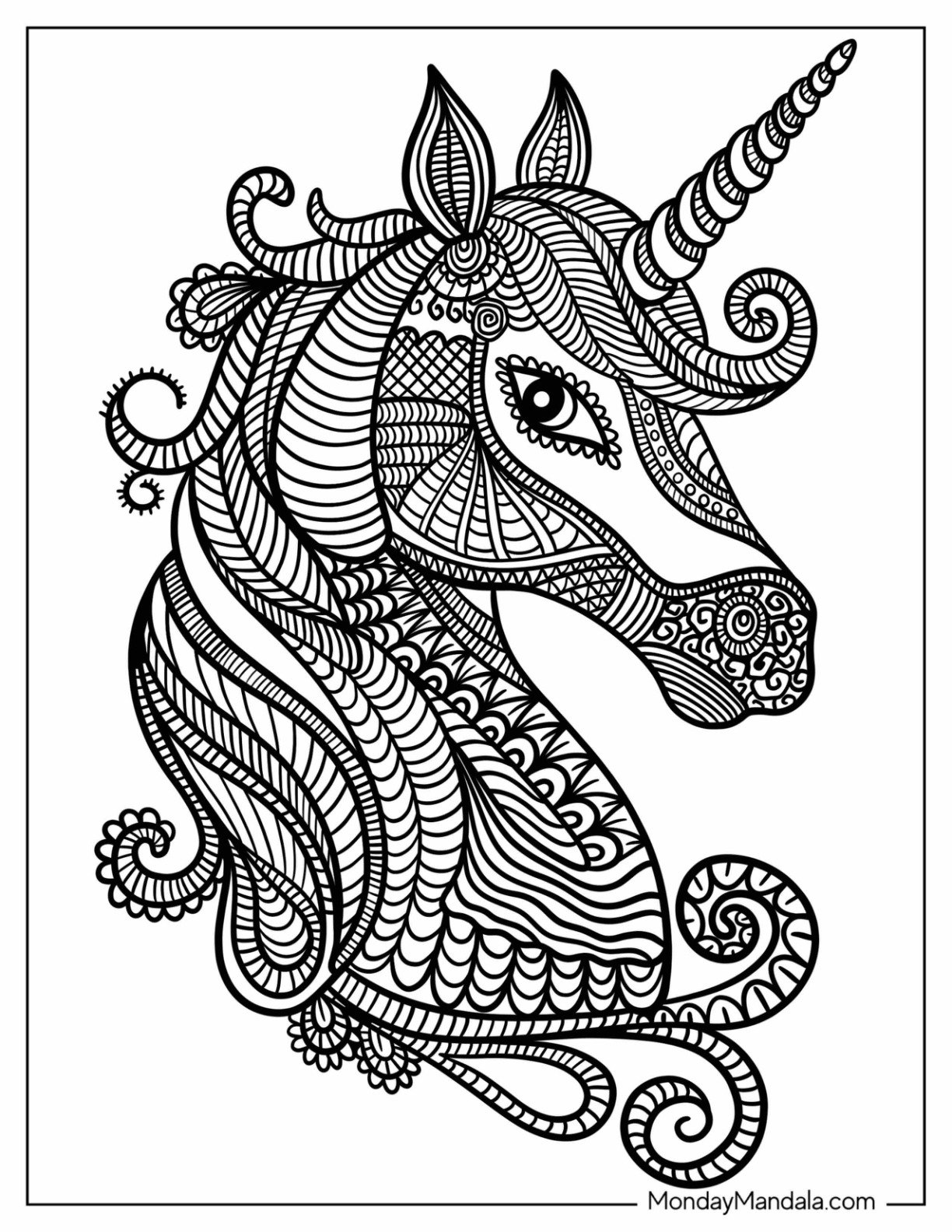 Complex Unicorn Coloring Page Mandala