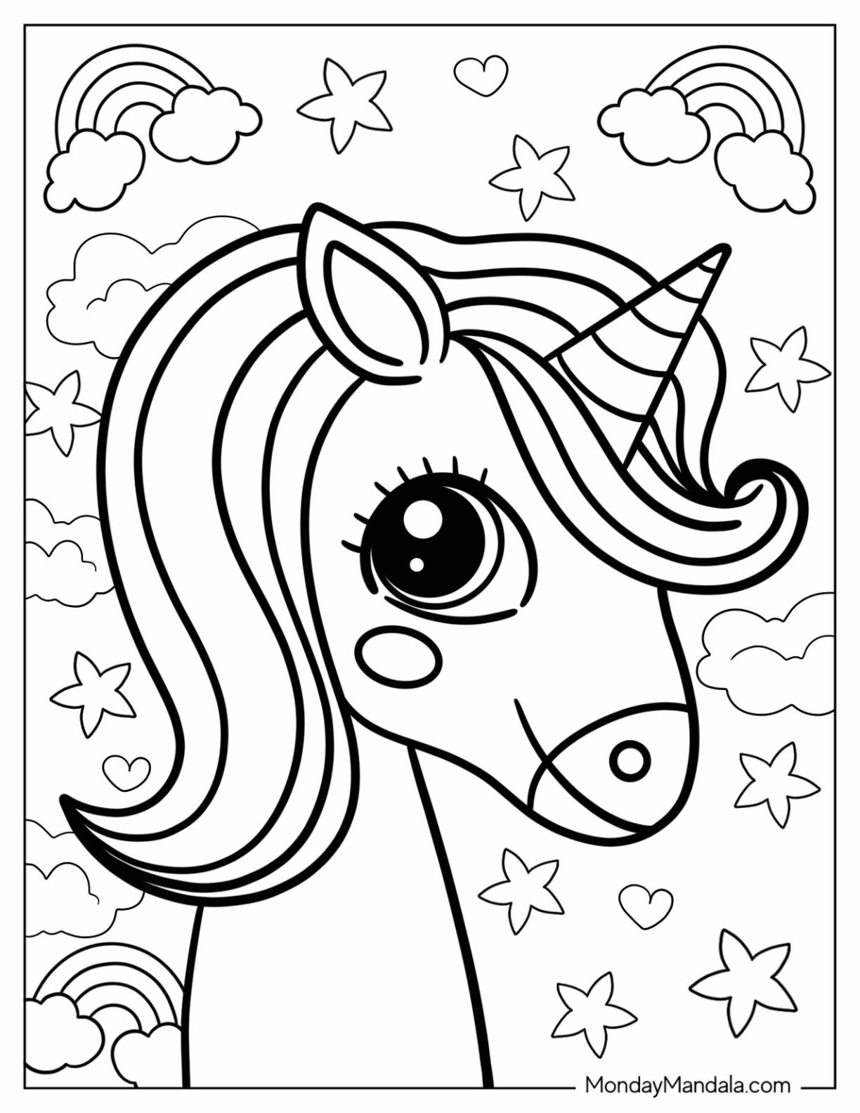 Cute Cartoon Unicorn Coloring Page With Pretty Eyes
