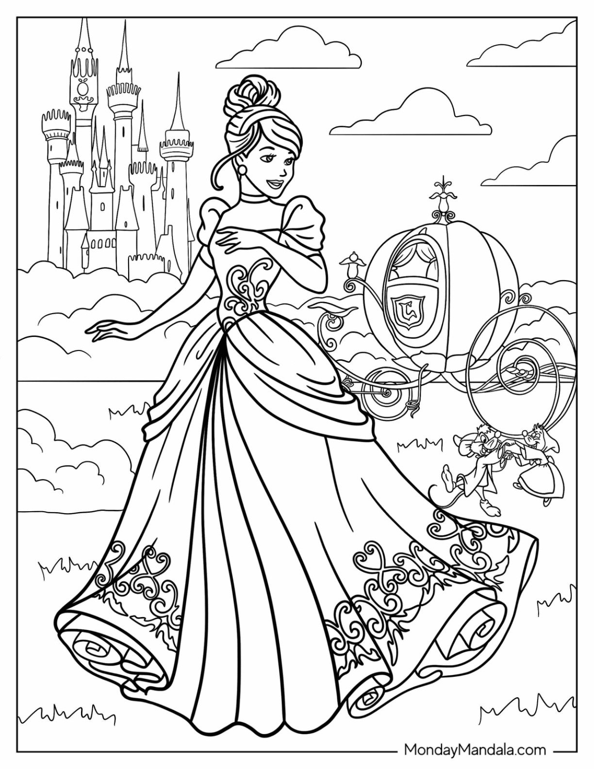 Disney Princess Coloring Page Of Detailed Cinderella With Pumpkin Carriage