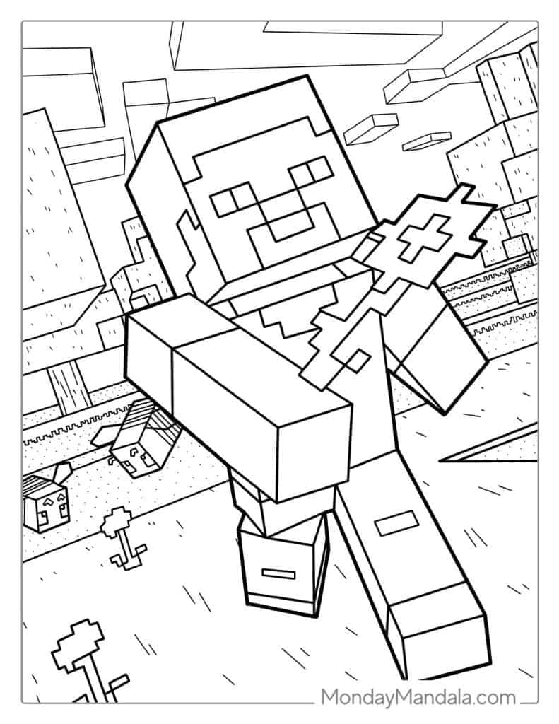 Detailed Coloring Page Of Minecraft Steve Holding Flower