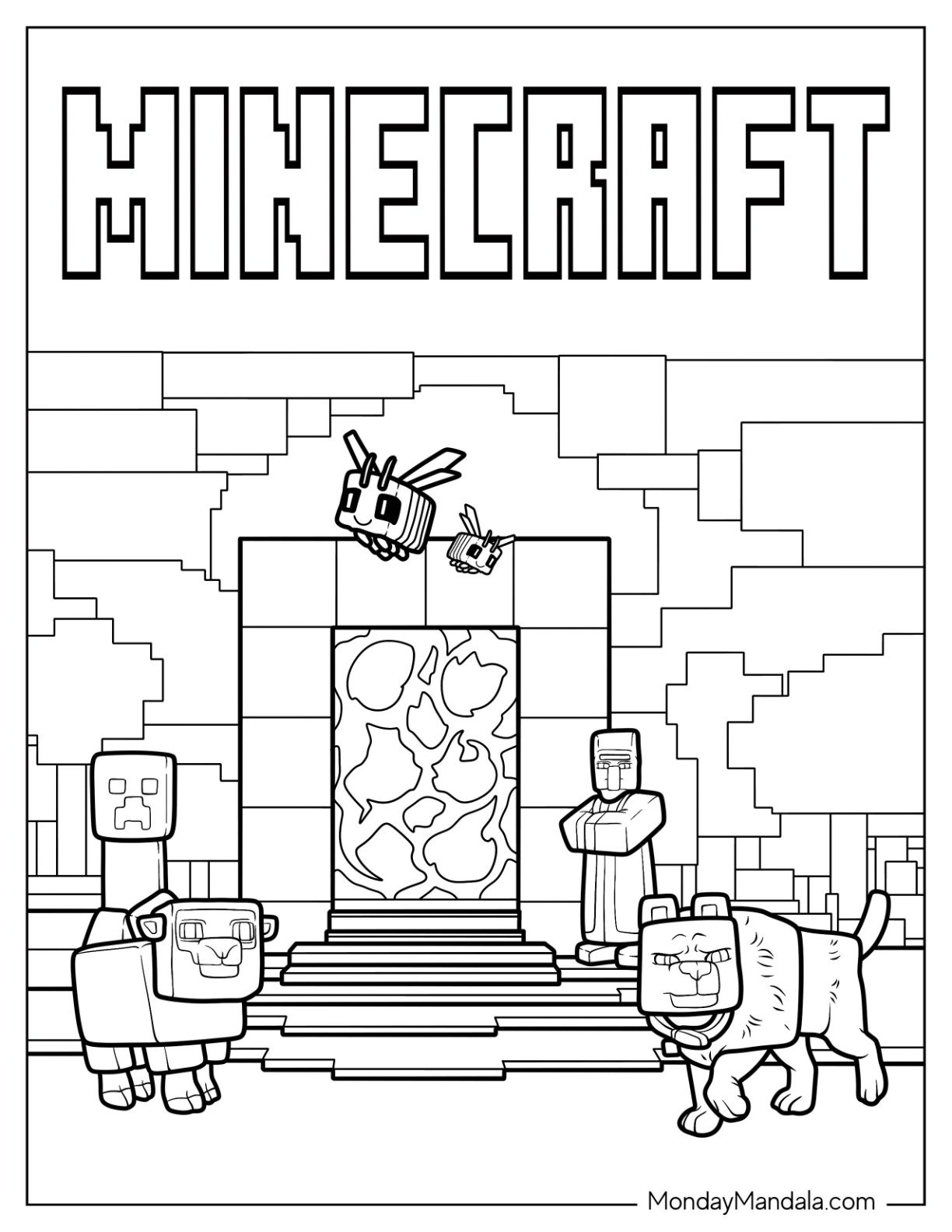 Detailed Minecraft Movie Coloring Page Bees, Sheep, Iron Golem, and Portal