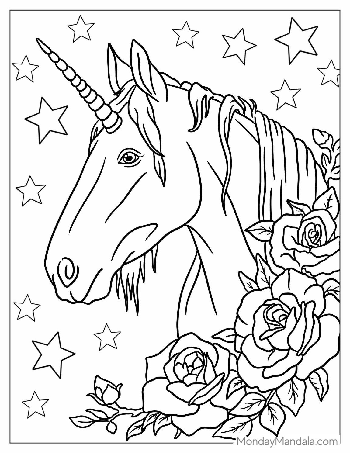 Detailed Unicorn Coloring Page Face With Long Horn