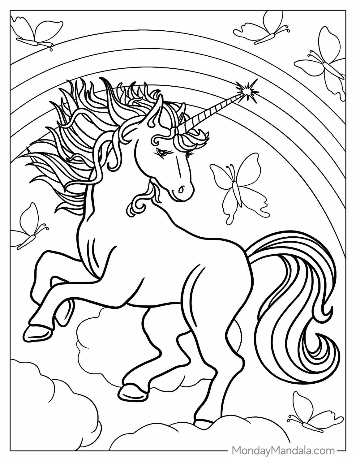 Detailed Unicorn Coloring Page Floating In The Sky