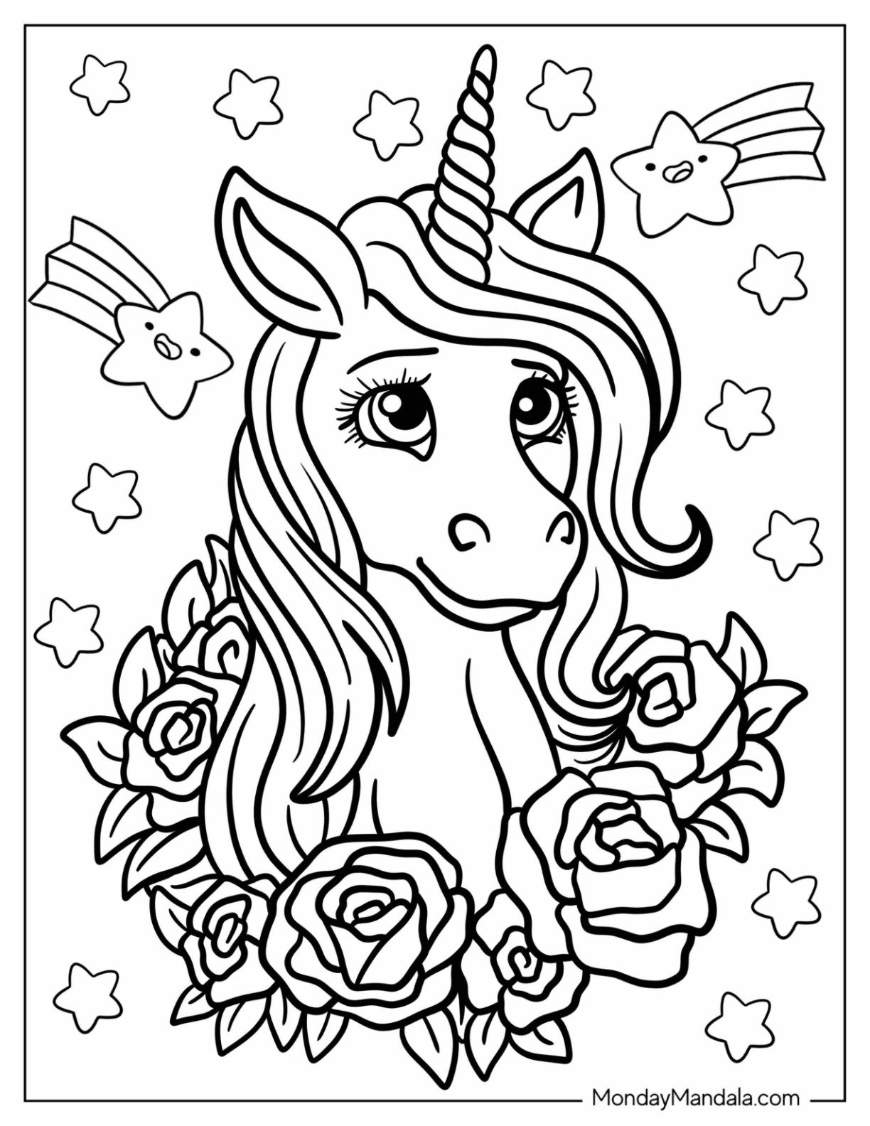 Elegant Unicorn Coloring Page Surrounded By Roses