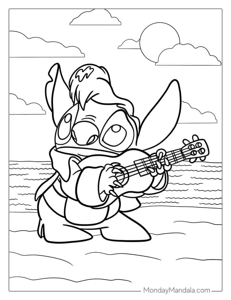 Elvis Stitch Playing Guitar Coloring Sheet