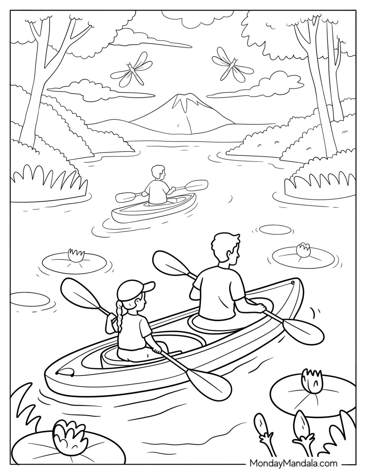 Family Kayaking Through Serene River with Lily Pads in Summer Coloring Page