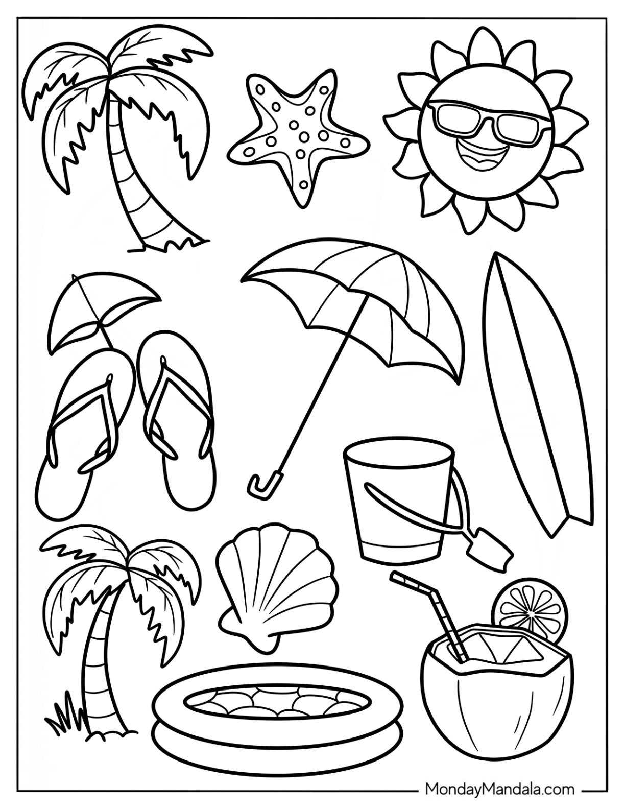 Full Page Summer Coloring Page Of Elements