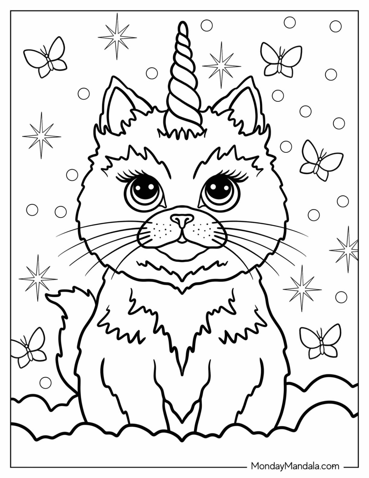 Furry Unicorn Coloring Page Cat With Sparkles And Butterflies