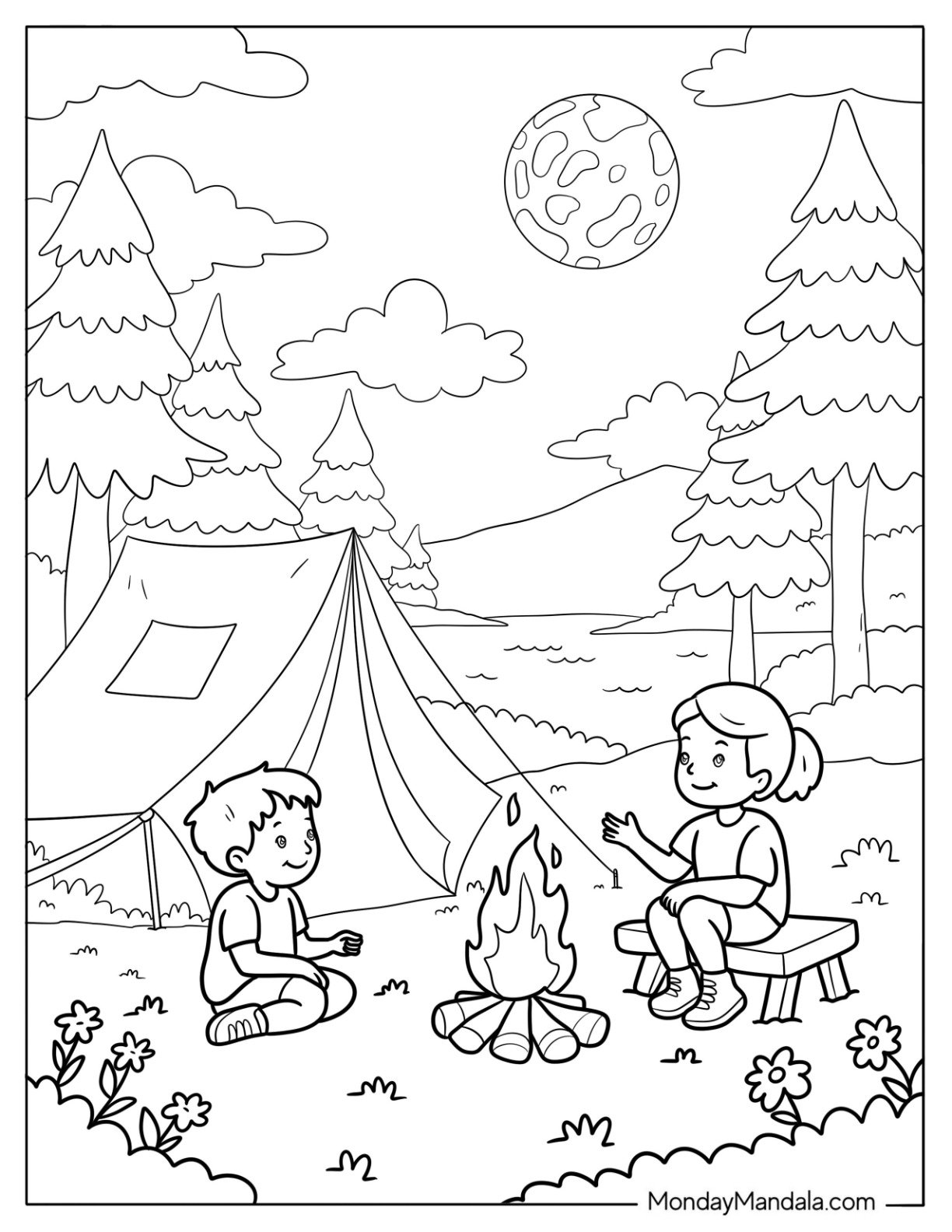 Girl and Boy Summer Coloring Page Camping in the Forest with Bonfire for Kids