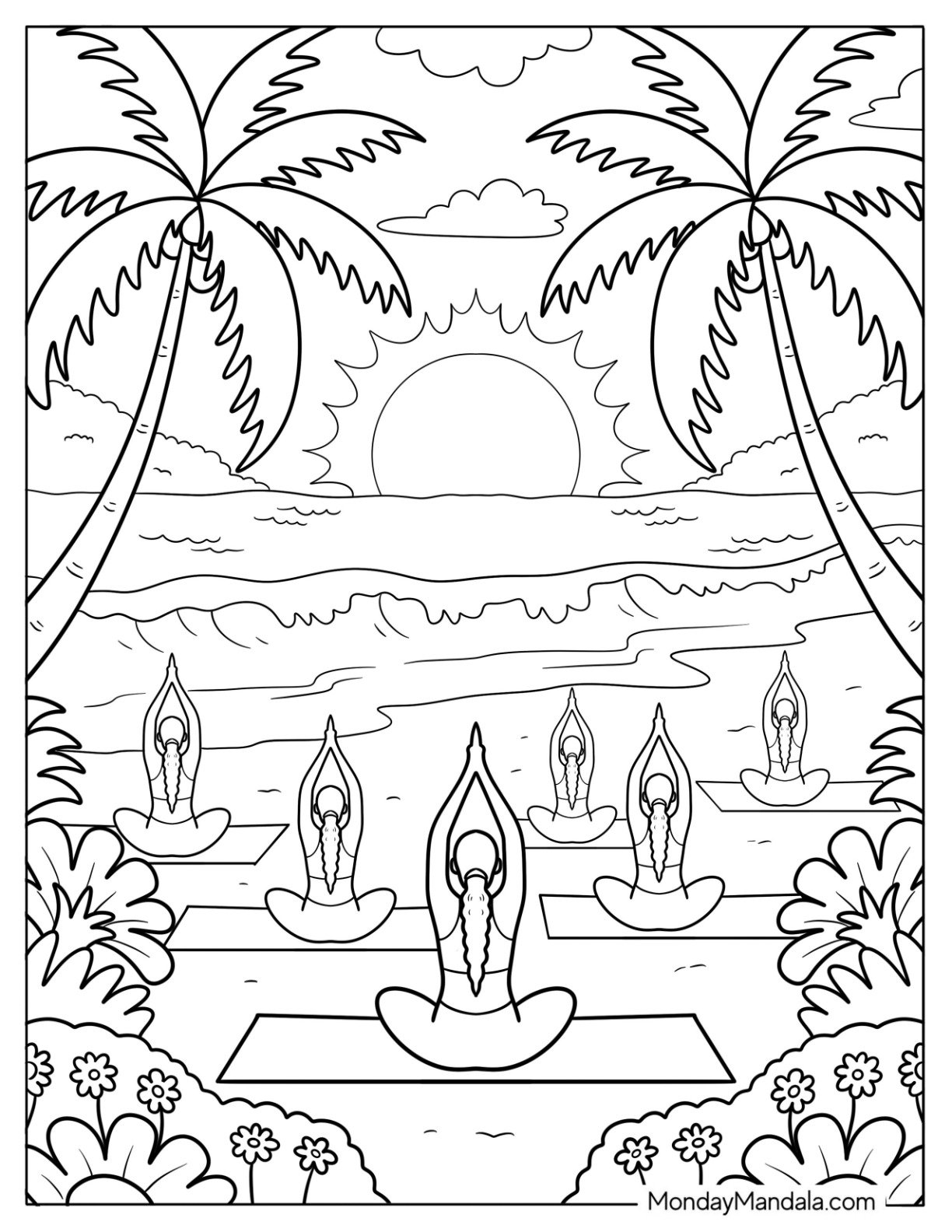 Group Yoga on a Summer Coloring Page Beach Surrounded by Palm Trees and Ocean Breeze