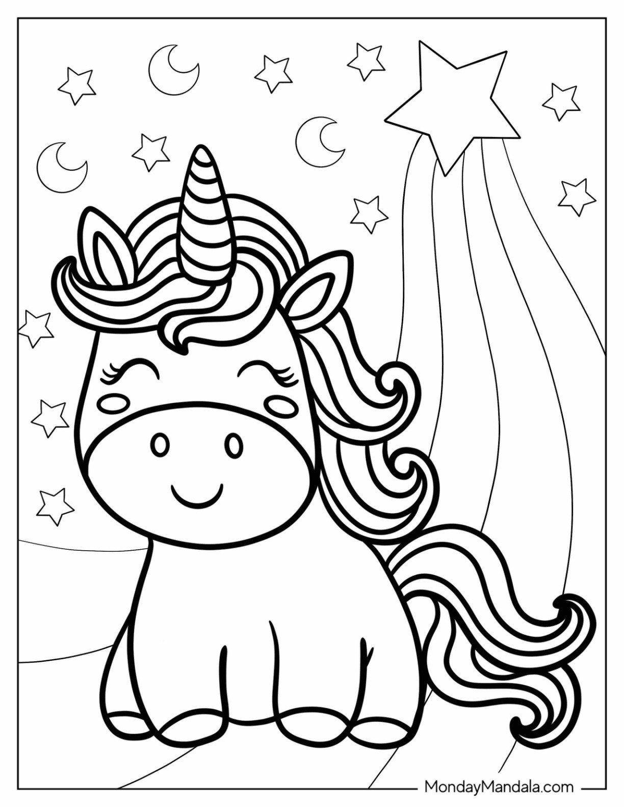 Happy Baby Unicorn Coloring Page Sitting On A Rainbow