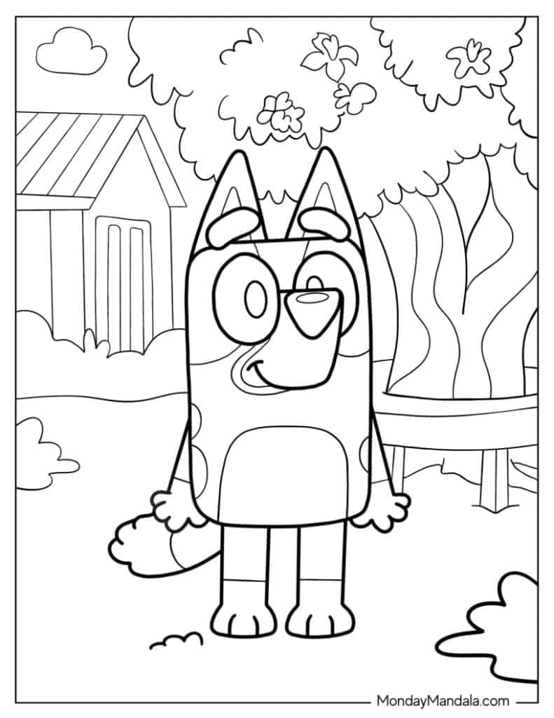 Happy Bluey Standing In Backyard Coloring Sheet