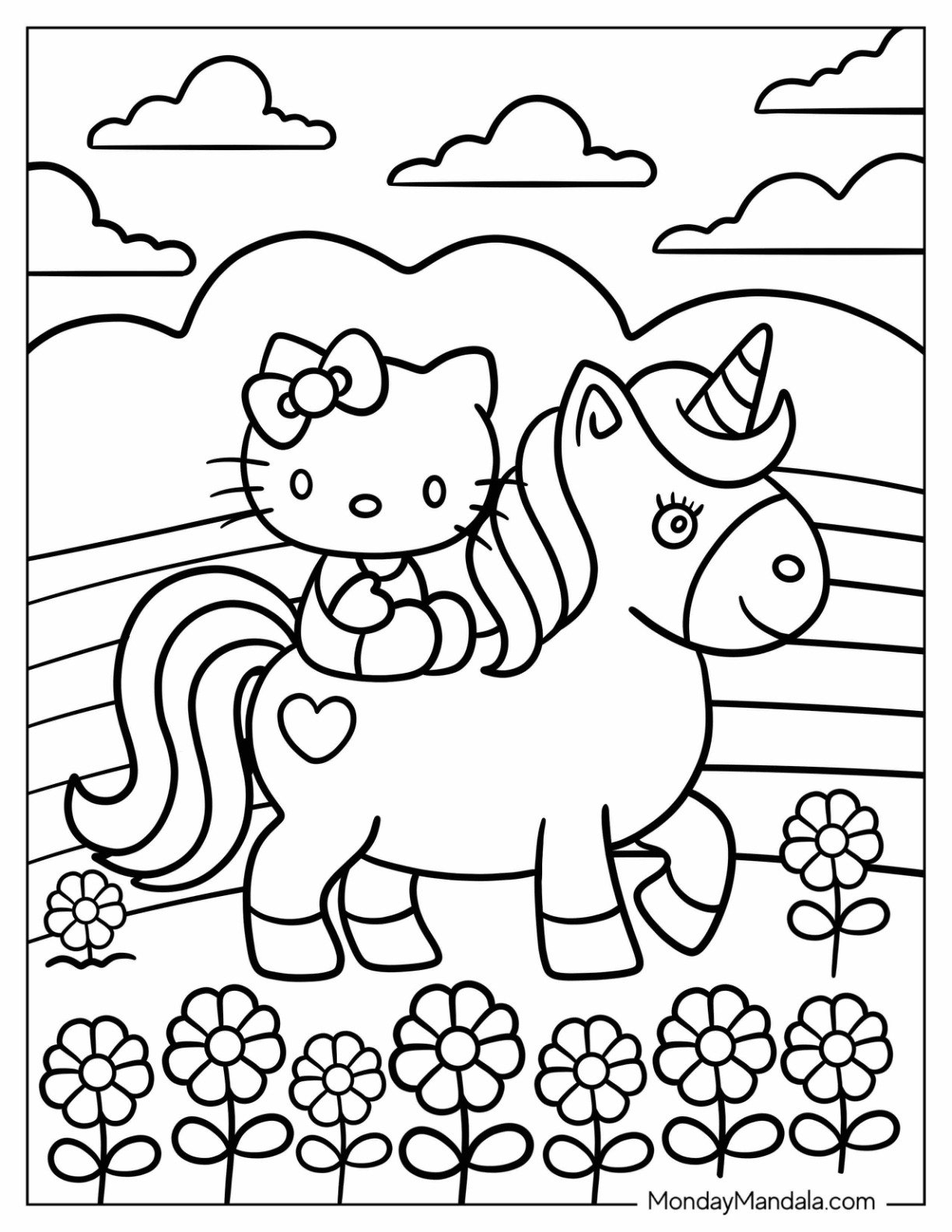 Hello Kitty Sitting On The Back Of A Unicorn Coloring Page For Kids