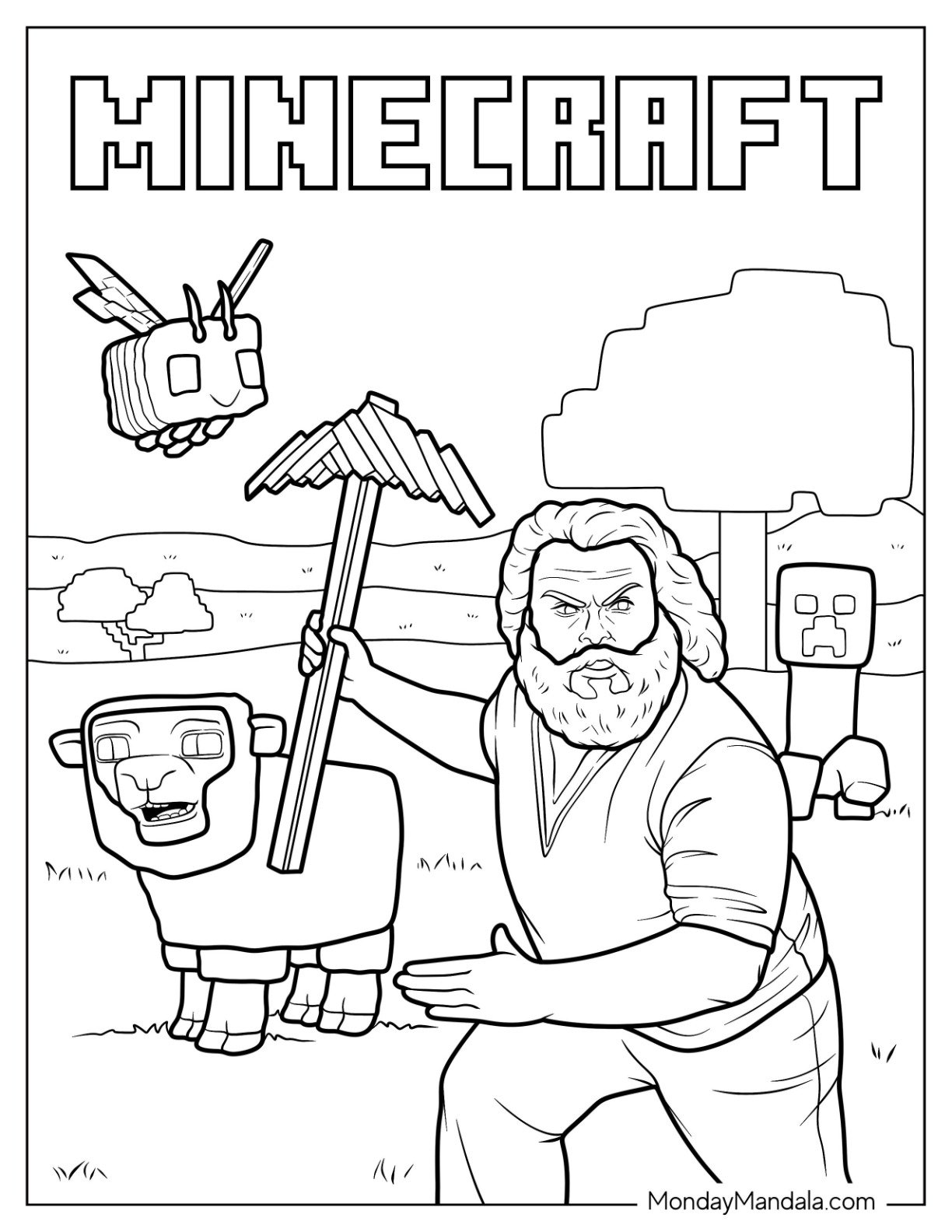 Jack Black As Minecraft Coloring Page Of Steve With Bee And Sheep
