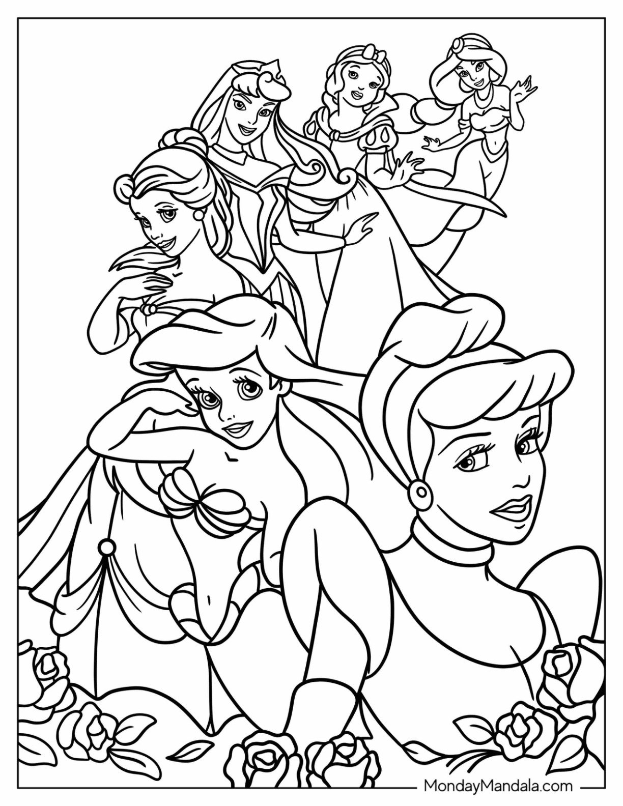 Disney Princess Coloring Page Of Jasmine, Snow White, Belle, Aurora, Ariel, And Cinderella