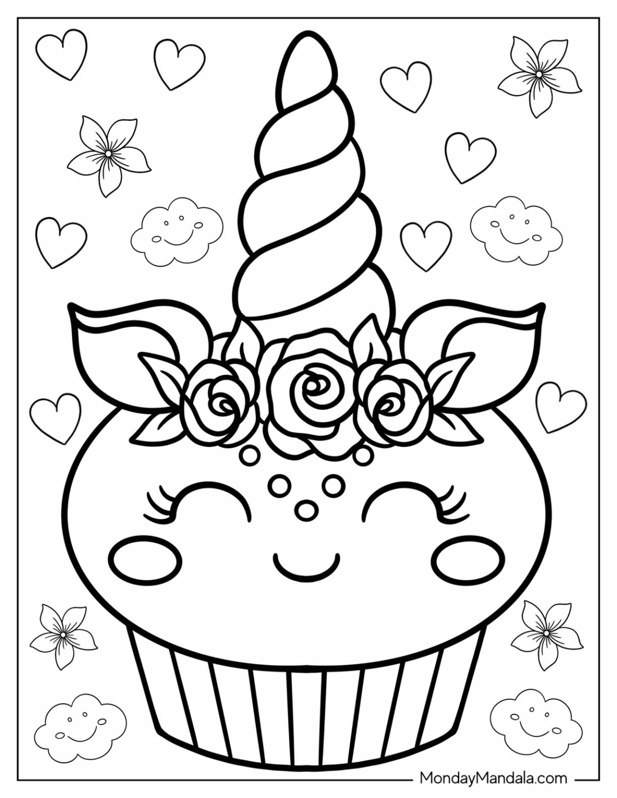 Kawaii Unicorn Coloring Page Cupcake With Flowers For Kids