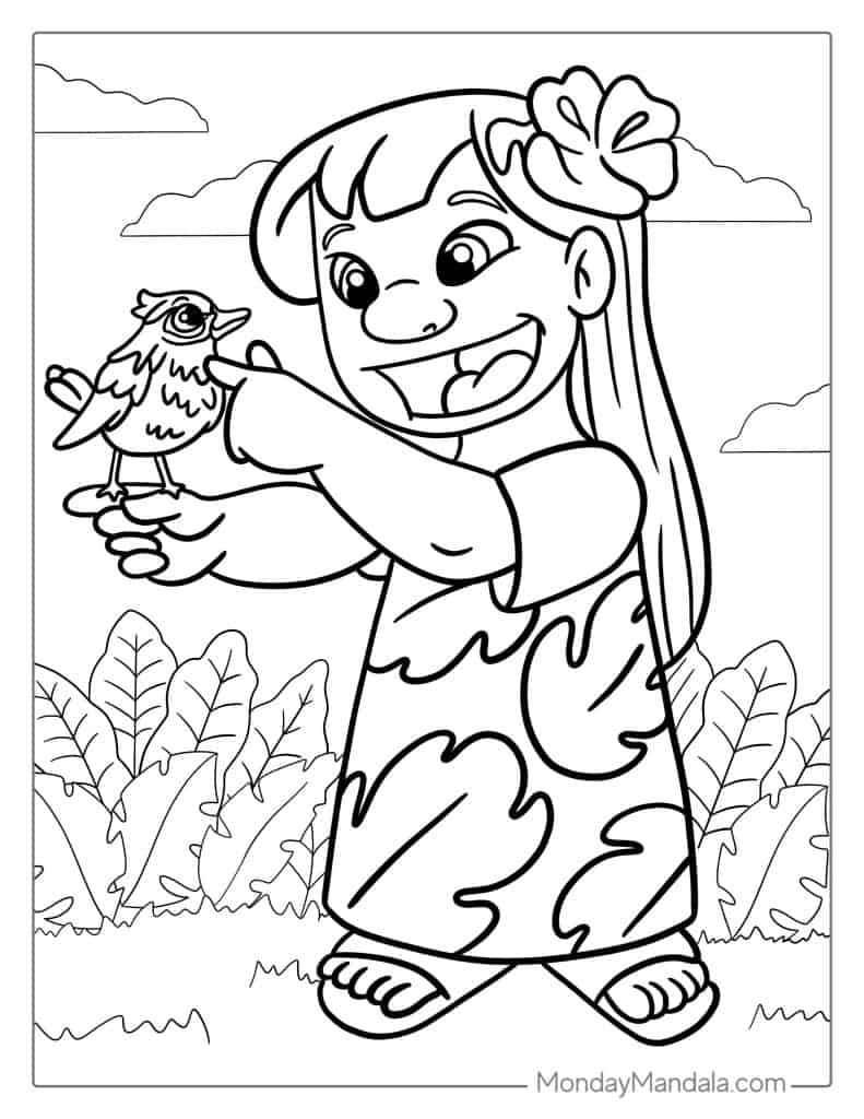 Lilo Holding a Baby Bird Coloring Page