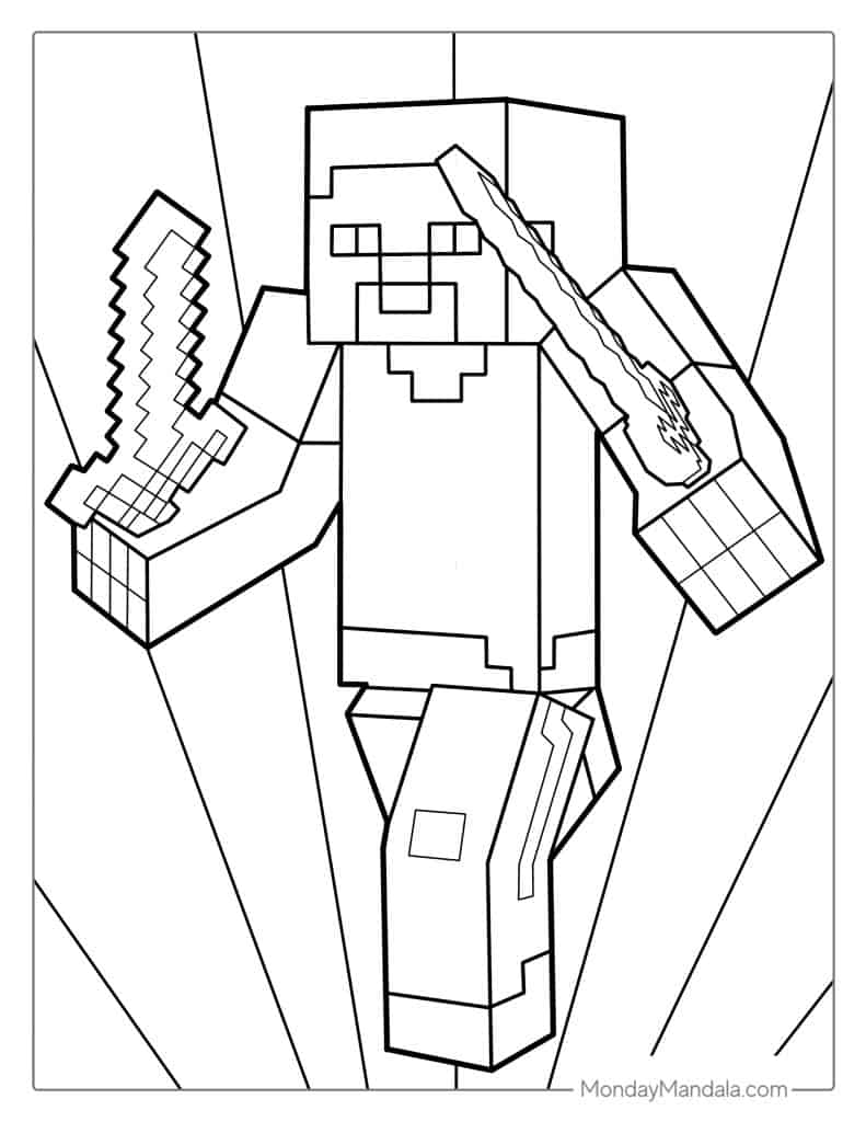 Minecraft Steve Holding Swords Coloring Sheet