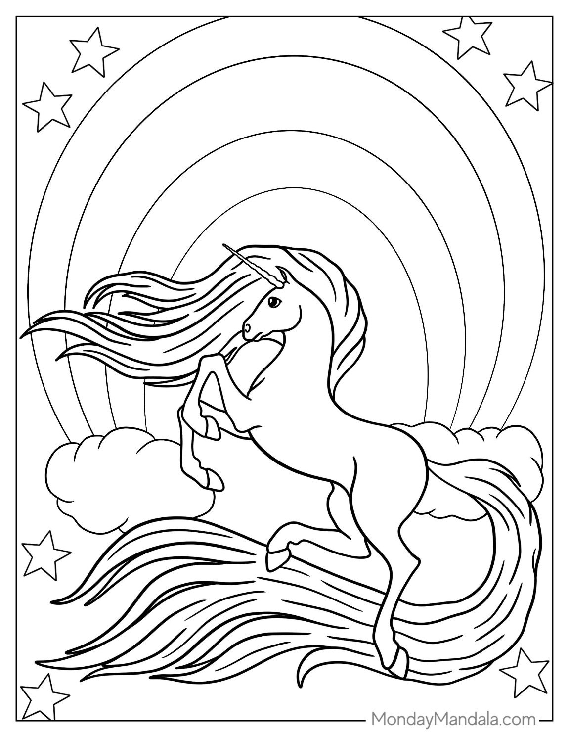 Mythical Unicorn Coloring Page With Sweeping Tail