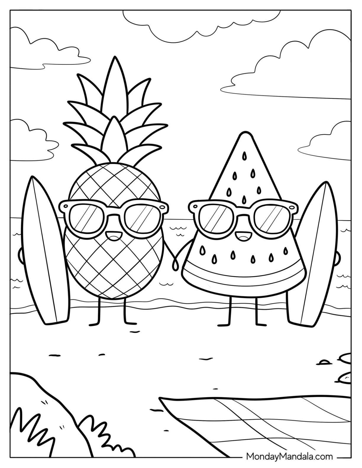 Pineapple and Watermelon Surfers Wearing Sunglasses in Summer Coloring Page for Kids