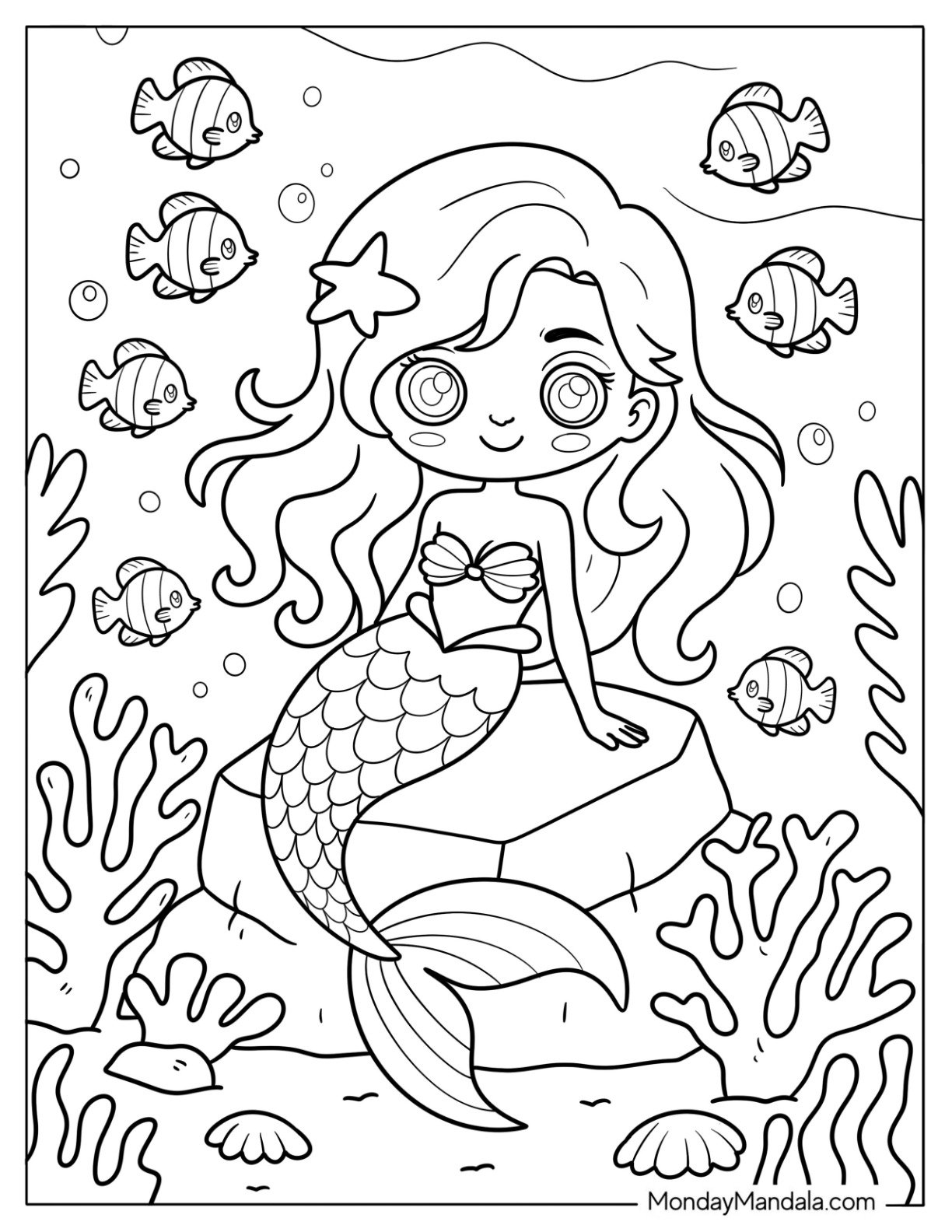 Playful Summer Coloring Page of Mermaid Surrounded by Coral Reef and Friendly Fish for Preschoolers