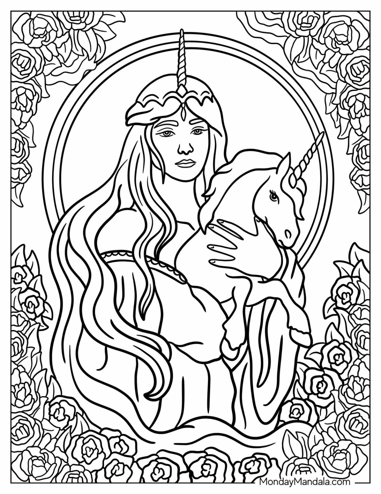 Princess Holding A Baby Unicorn Coloring Page With Roses Around Her