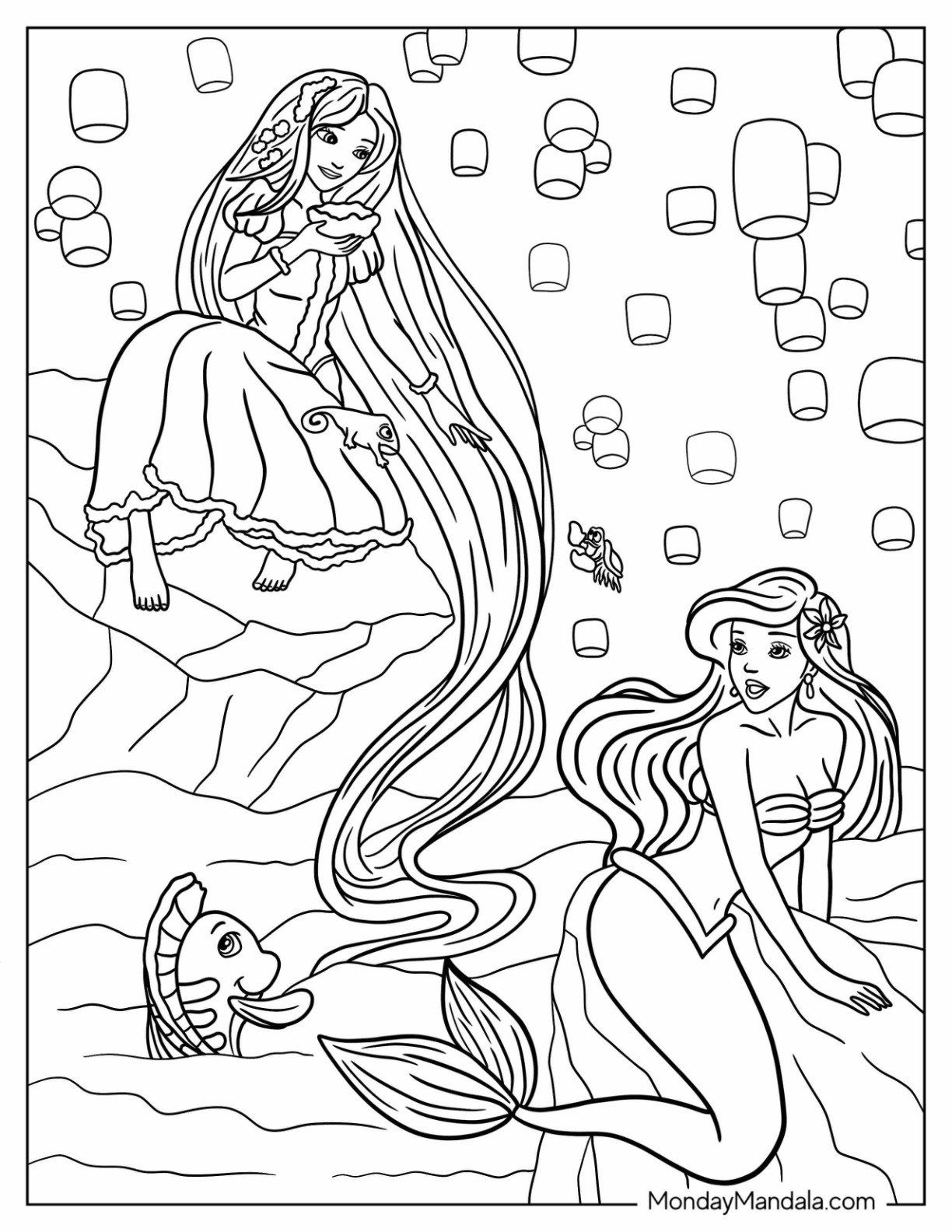 Disney Princess Coloring Page Of Rapunzel And Ariel
