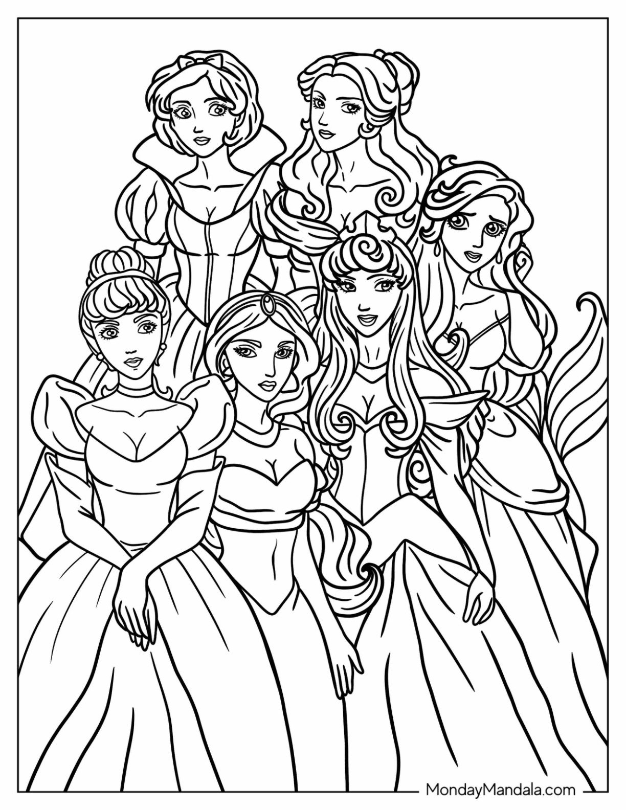 Disney Princess Coloring Page Of Realistic Snow White, Belle, Cinderella, Jasmine, Aurora, And Belle