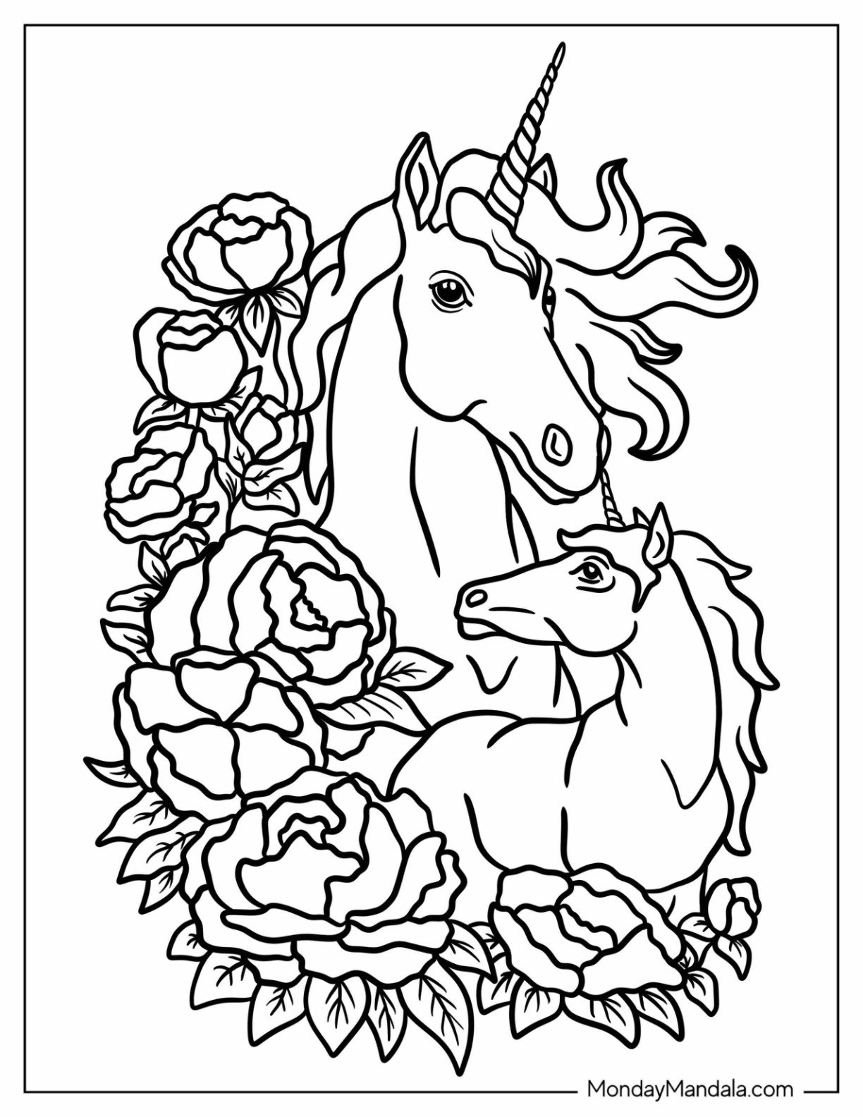 Realistic Unicorn Coloring Page With Roses