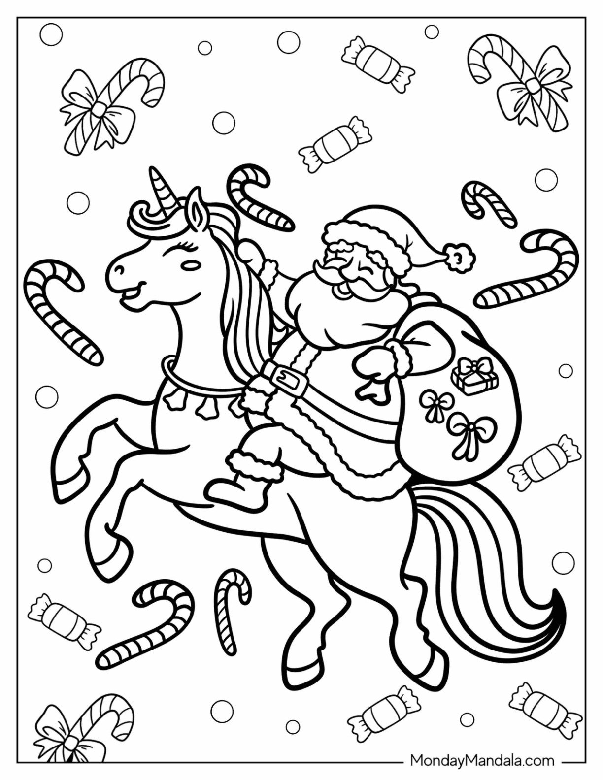 Santa Carrying A Sack Of Gifts While Riding A Unicorn Coloring Page