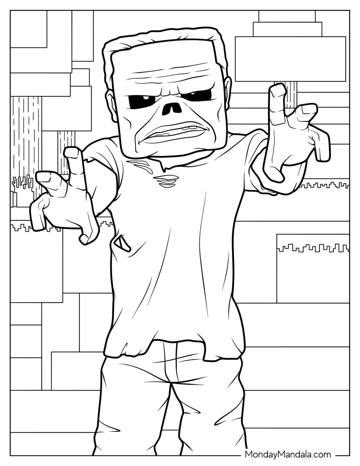 Scary Minecraft Movie Coloring Page Zombie Reaching Out For Kids