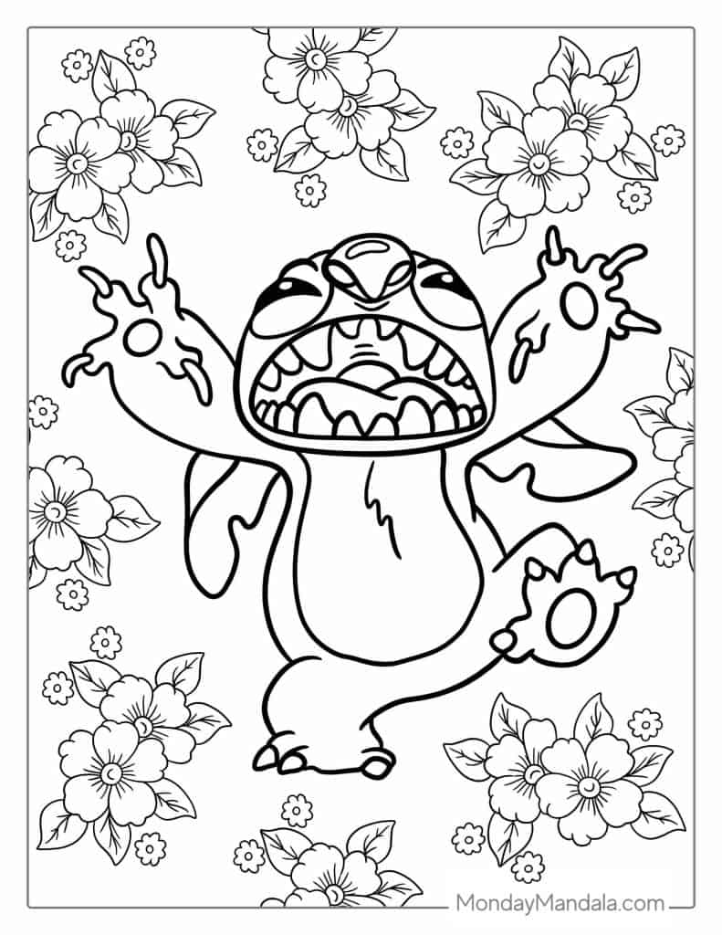 Scary Stitch With Hibiscus Flowers Coloring Page