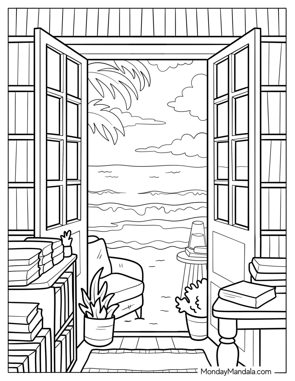 Scenic View Of Beach From House Summer Coloring Page